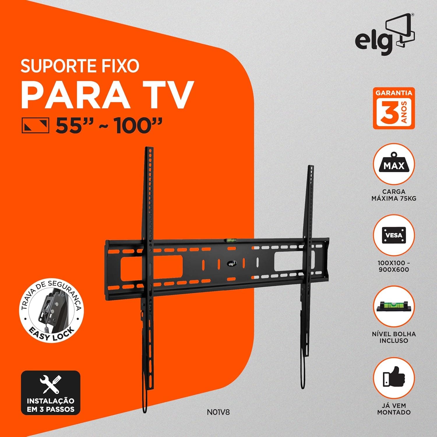 ELG, N01V8, Suporte Fixo de Parede Para Telas Gigantes, TVs de 55" a 100", Capacidade Até 75kg, Com Trava de Segurança, Perfil Ultra Slim e Engate Rápido, Preto - Imagem 3