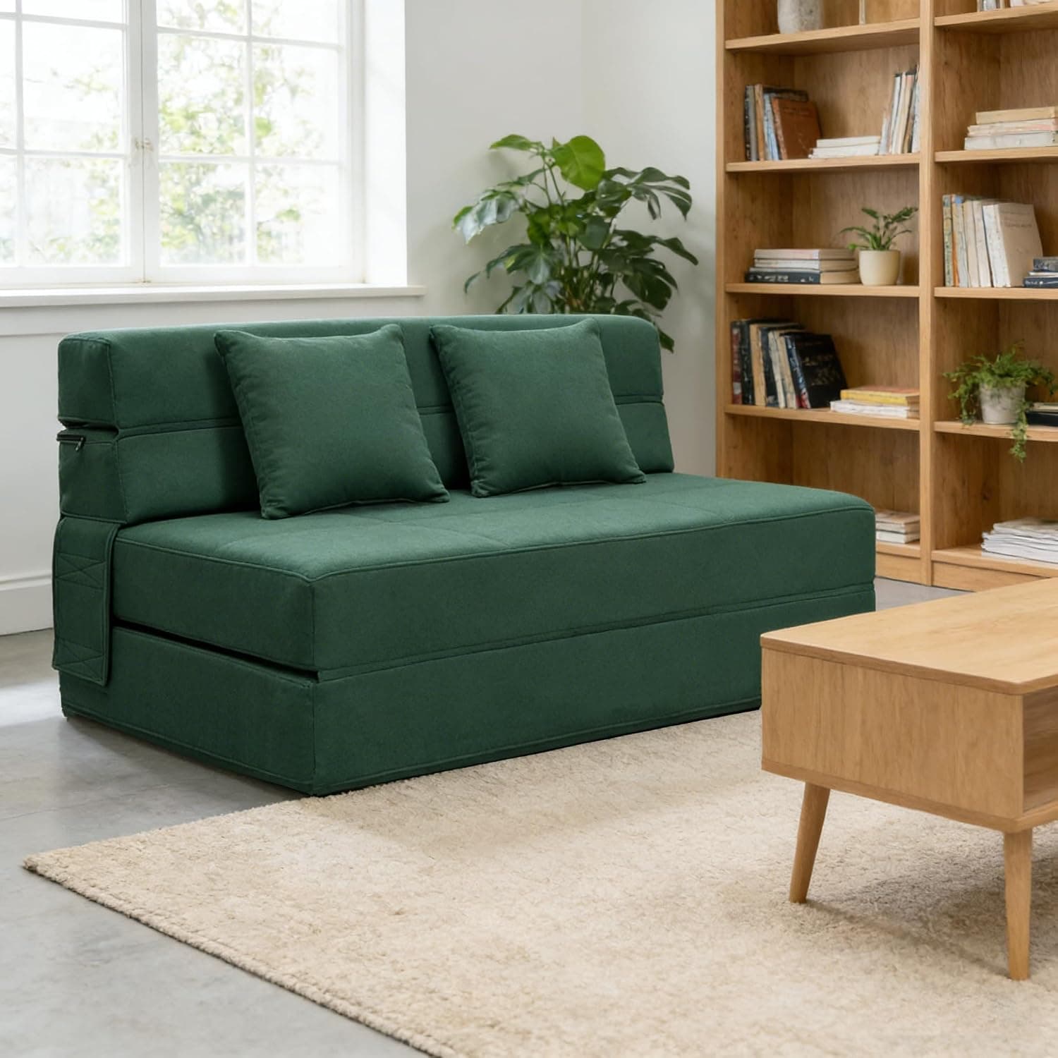 ANONER Sofá-cama dobrável de espuma viscoelástica com 2 travesseiros, cama queen size futon para hóspedes, capa lavável, verde escuro