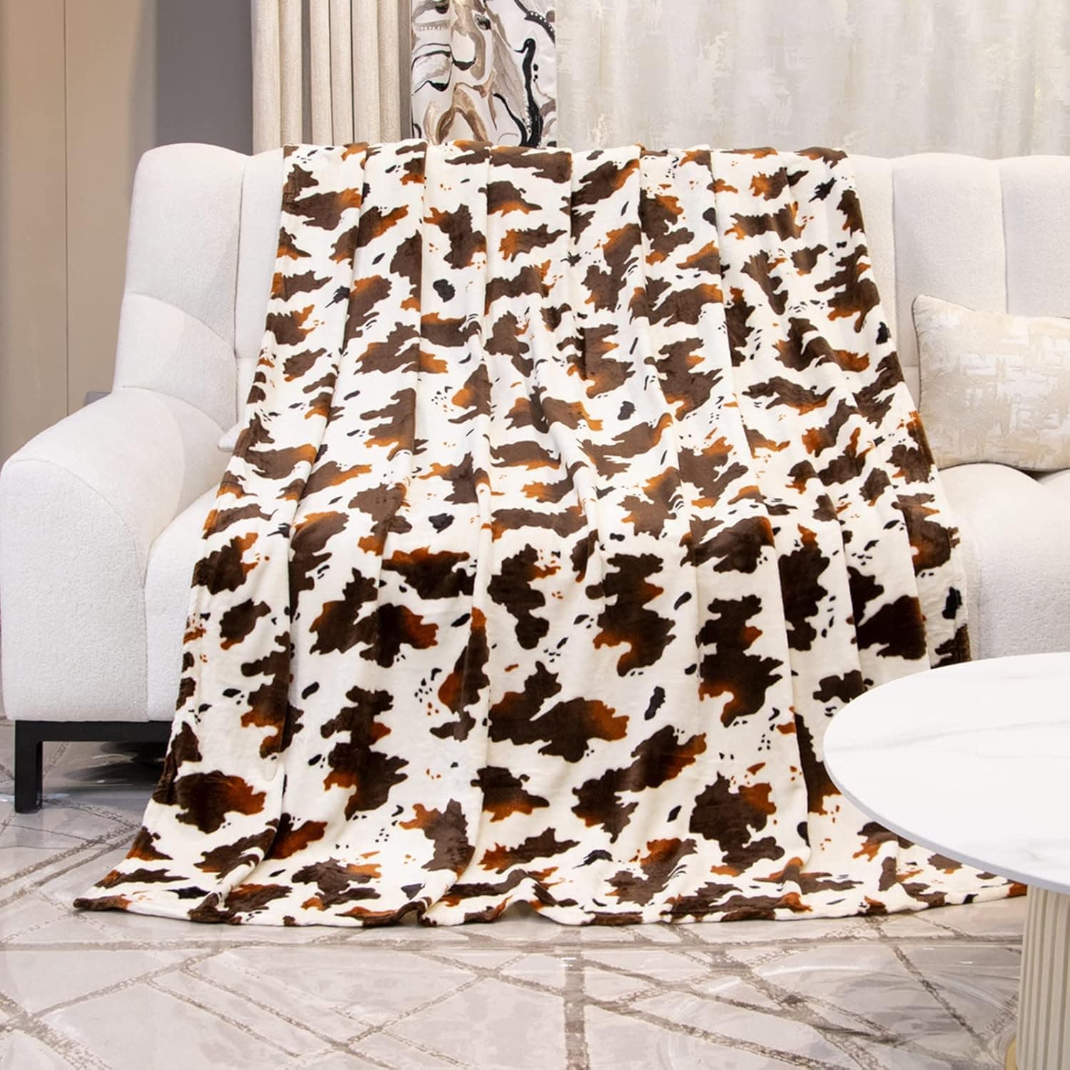 GEULAY Cobertor de lã, tamanho solteiro, marrom e branco, estampa de vaca, cobertor leve e aconchegante para cama de solteiro, cobertor de sofá fofo para todas as estações, 152 cm x 203 cm