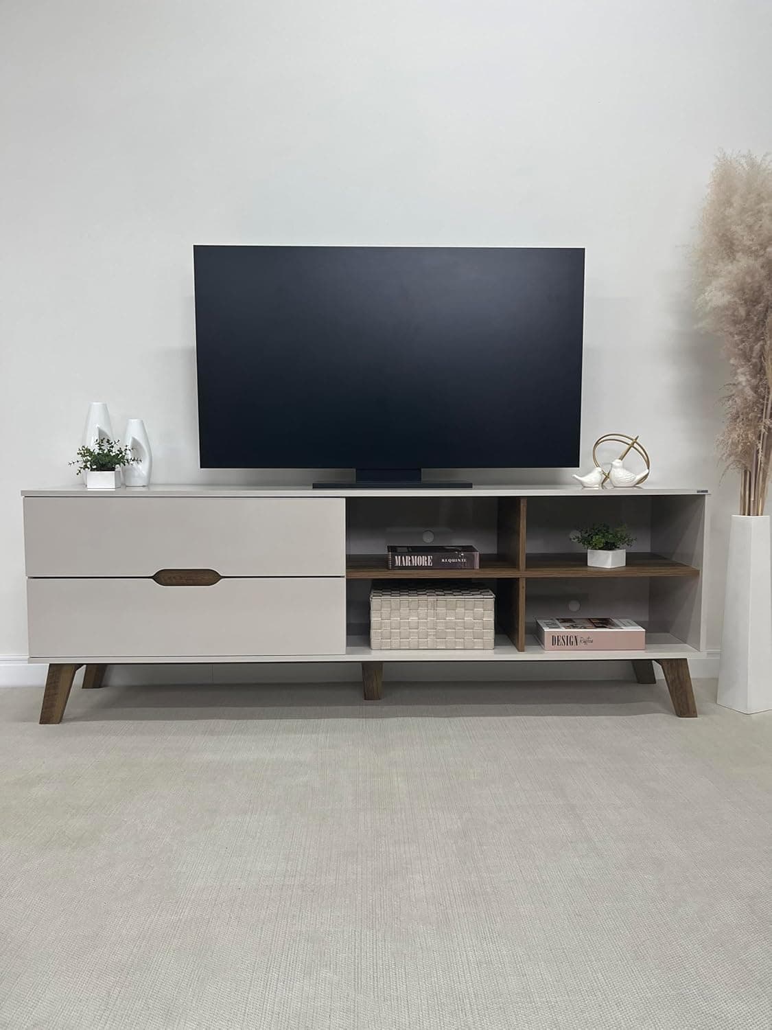 Rack para Tv ate 75" com 2 gavetas VERONA cor Off White/Pinho - Artely - Imagem 3