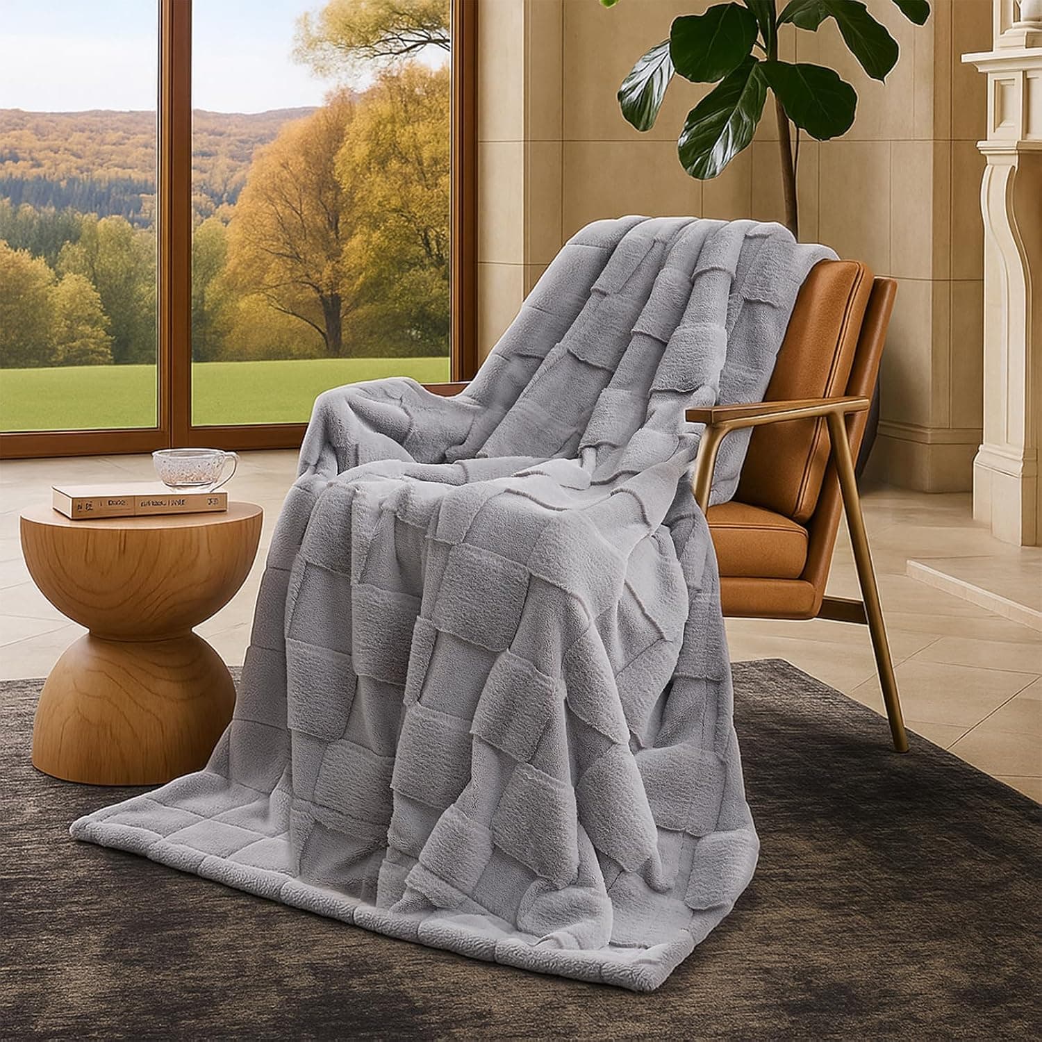 Cozy Bliss Cobertor solteiro de pele de coelho sintético xadrez para cama, cobertores macios e felpudos para mulheres e homens, manta de lã peluda para sofá quarto sala de estar (152 x 203 cm cinza - Imagem 2