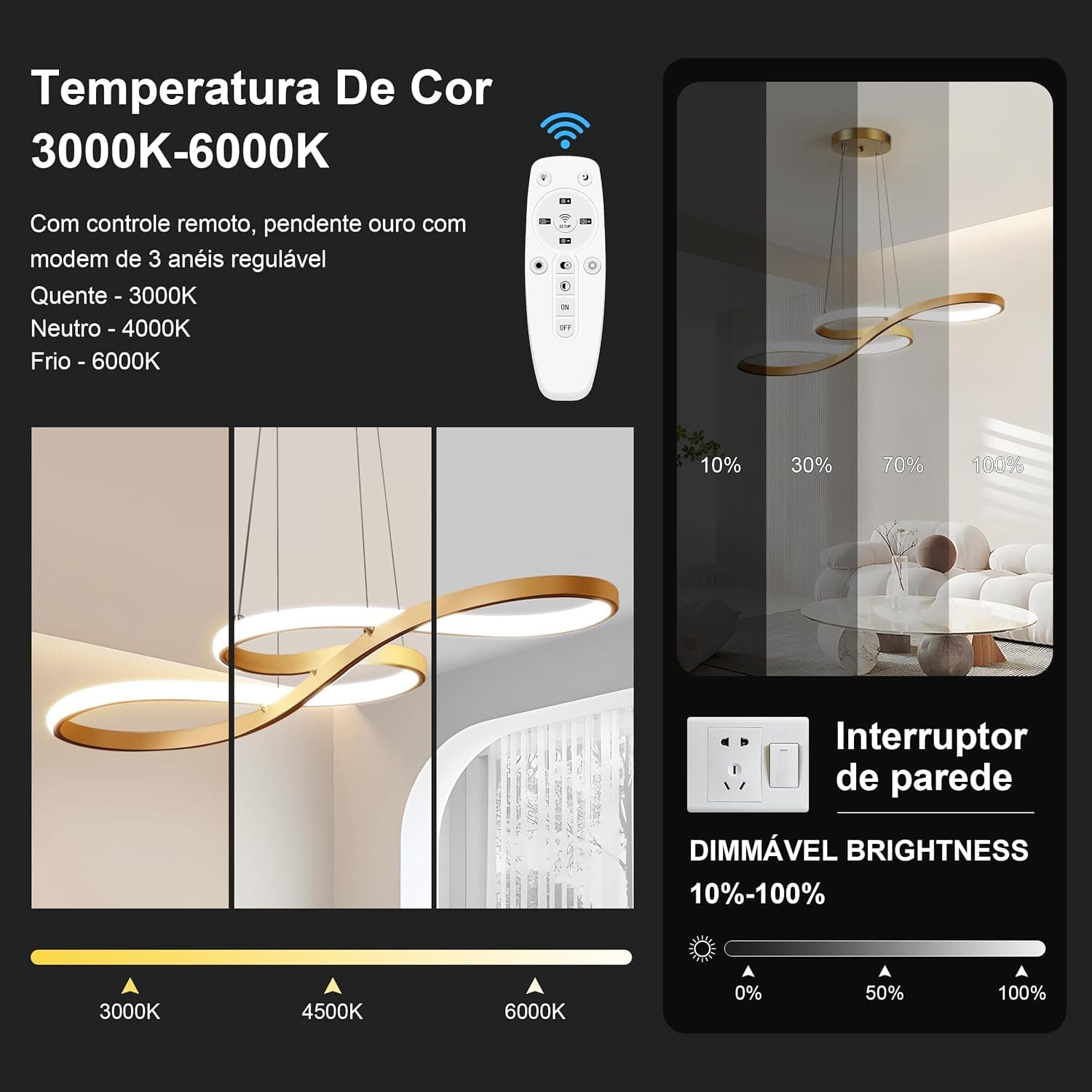 Luminária Pendente De LED Moderna E Regulável, Pendente Luminária De Cozinha Embutida, Luminária Pendente Com Nota Preto, 3000K-6000K - Imagem 4