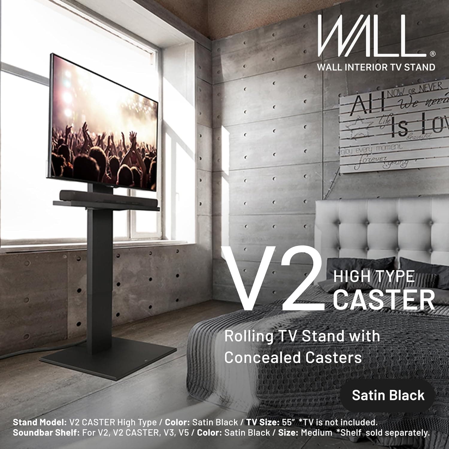 WALL Suporte de TV V2 tipo alto, rodízio japonês, portátil, independente, de 81 cm a 152 cm, com rodas ocultas, preto acetinado - Imagem 3
