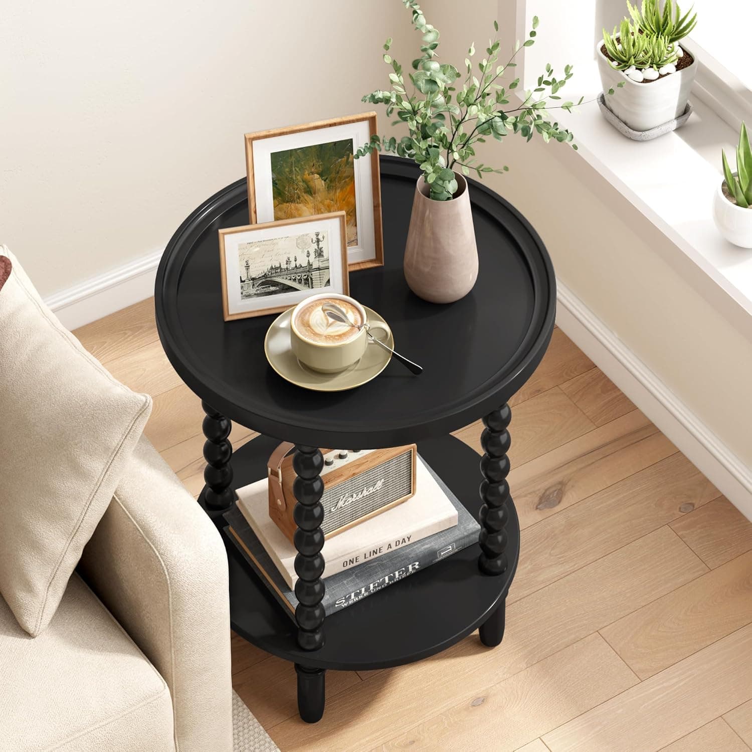 Gadroad Mesa de canto redonda com prateleira de armazenamento, mesa lateral de sofá de 2 camadas, mesa de centro de madeira para sala de estar, quarto, preta 49 x 49 x 65 cm - Imagem 3
