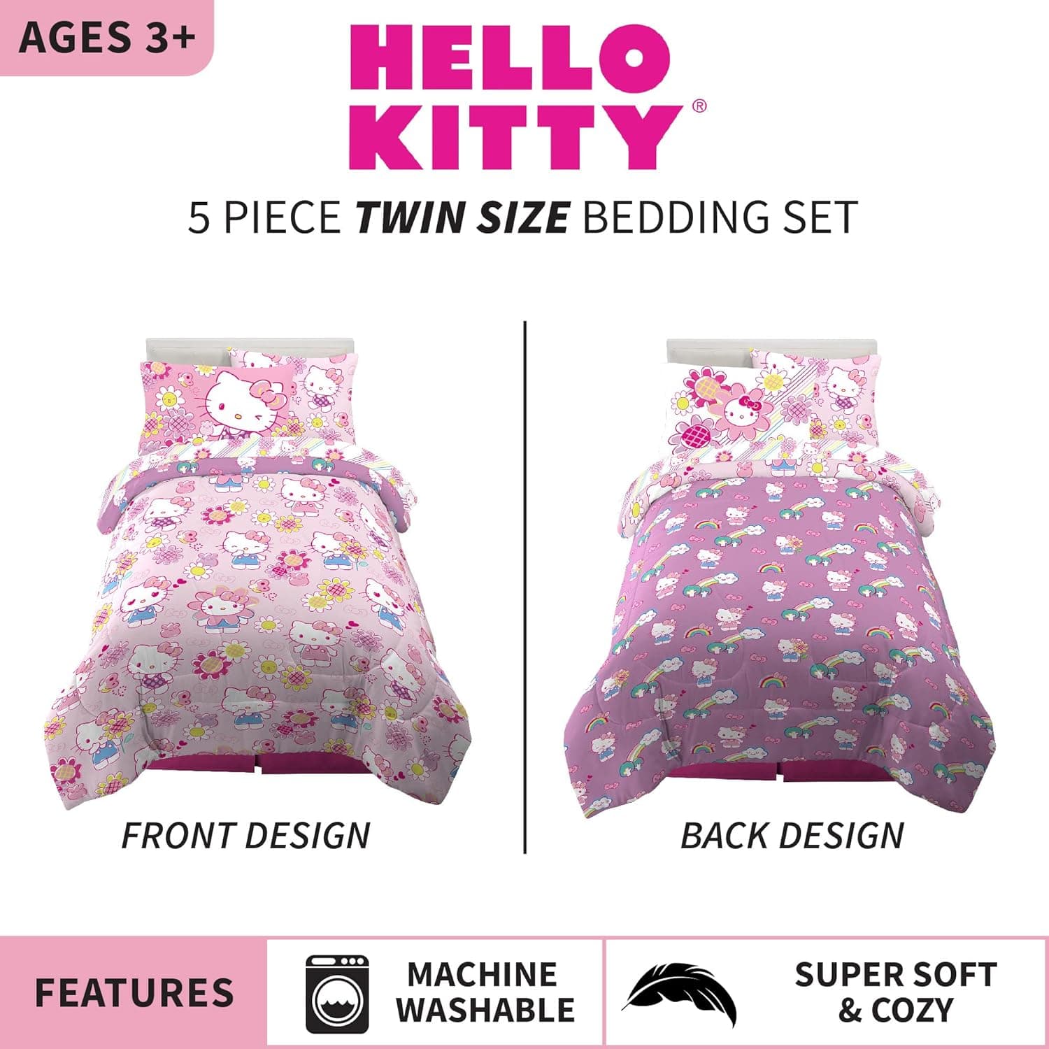 Franco Conjunto de edredom e lençol super macios com fronha, 5 peças de tamanho solteiro, Hello Kitty - Imagem 4