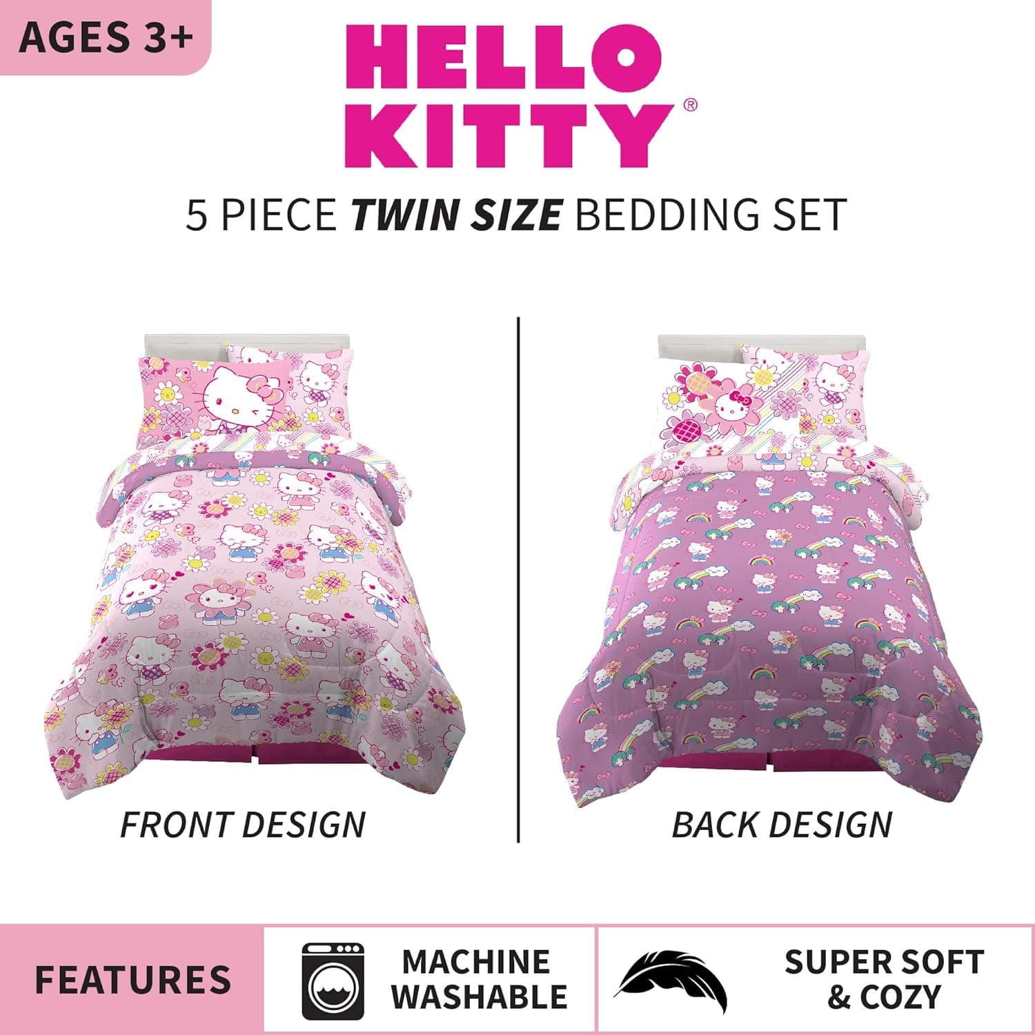 Franco Conjunto de edredom e lençol super macios com fronha, 5 peças de tamanho solteiro, Hello Kitty - Imagem 4