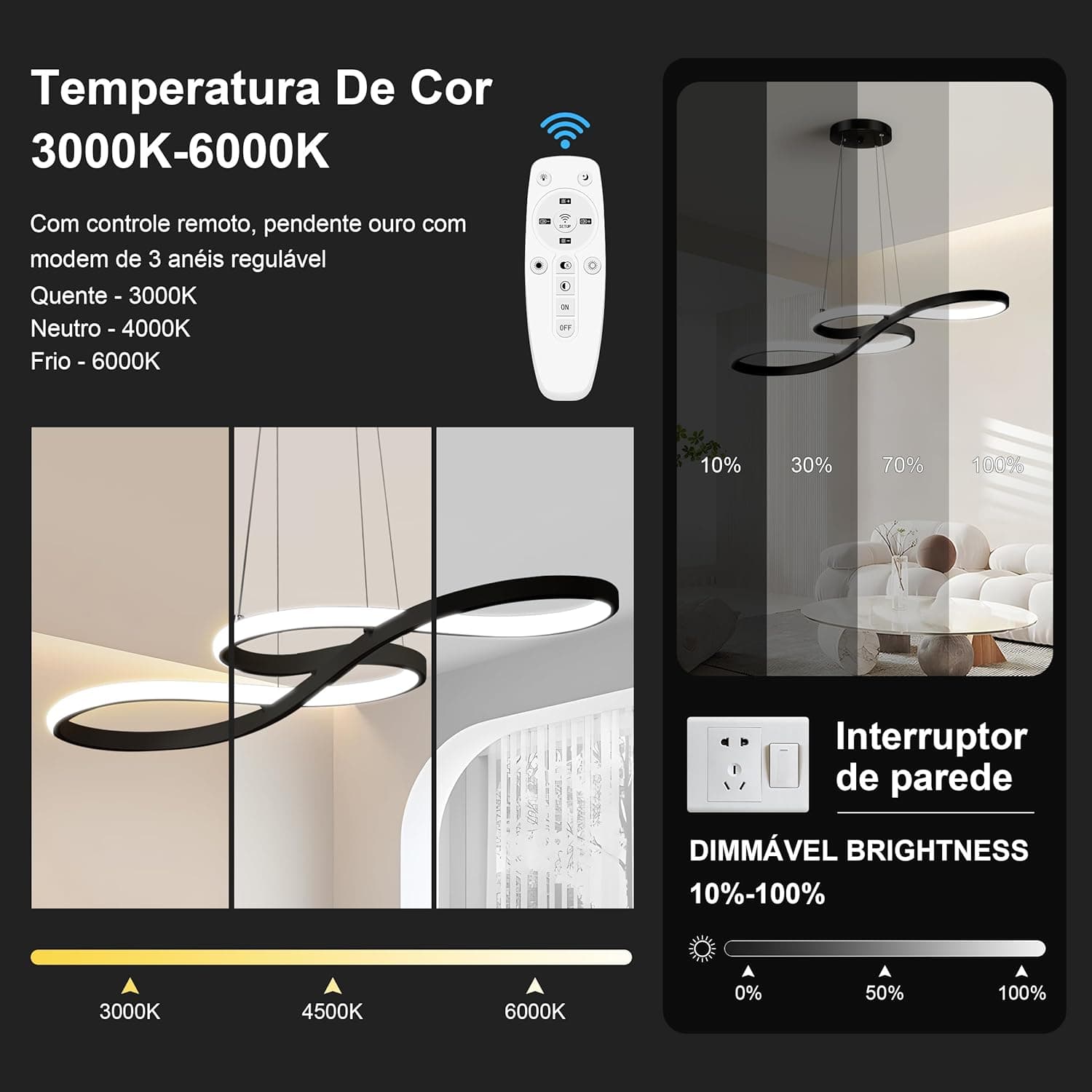 Luminária Pendente De LED Moderna E Regulável, Pendente Luminária De Cozinha Embutida, Luminária Pendente Com Nota Preto, 3000K-6000K - Imagem 4