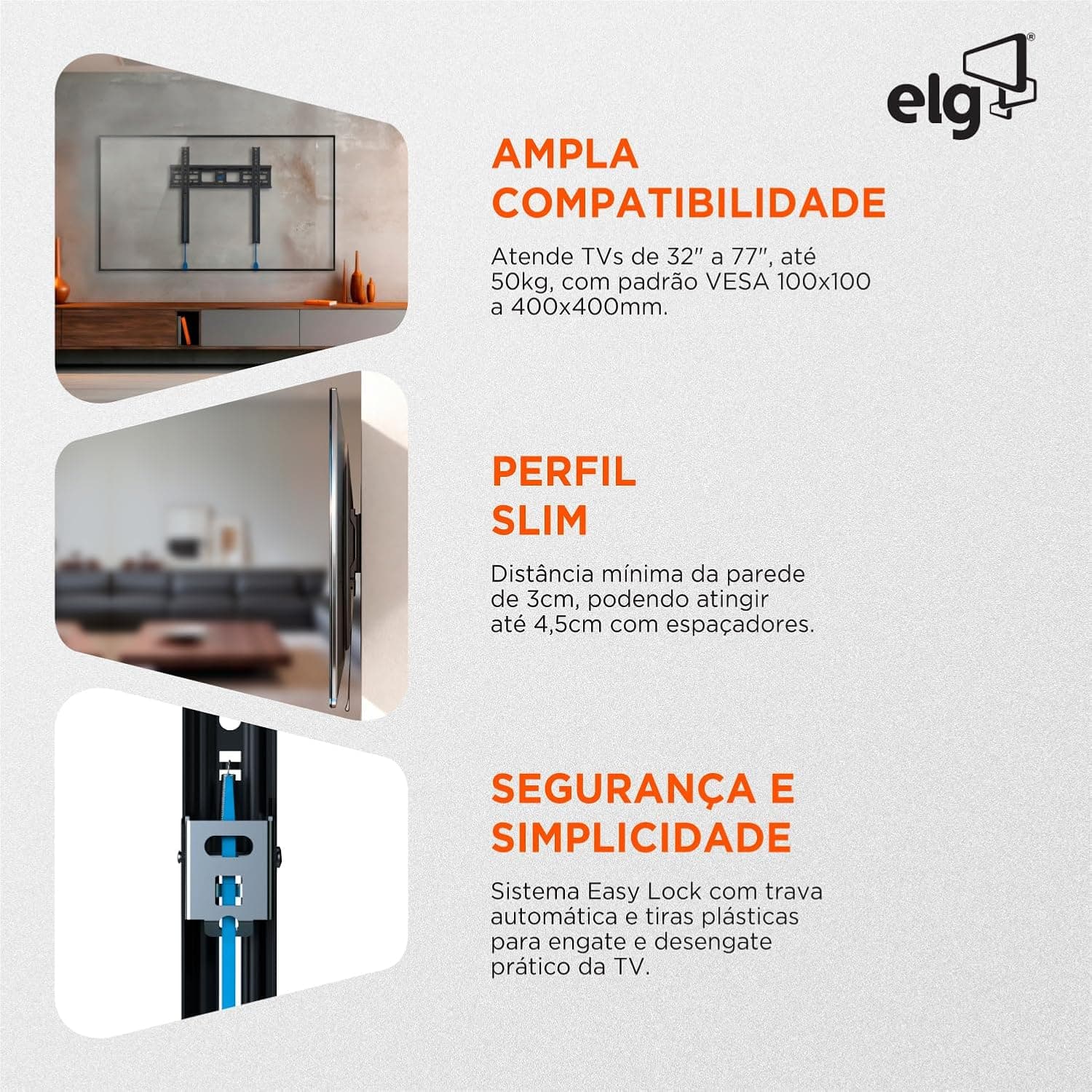 ELG, N01V4, Suporte Fixo de Parede para TVs de 32" a 77", Compatível com TVs Curvas e Planas, Feito em Aço Carbono, Suporta Até 50kg, Preto - Imagem 4
