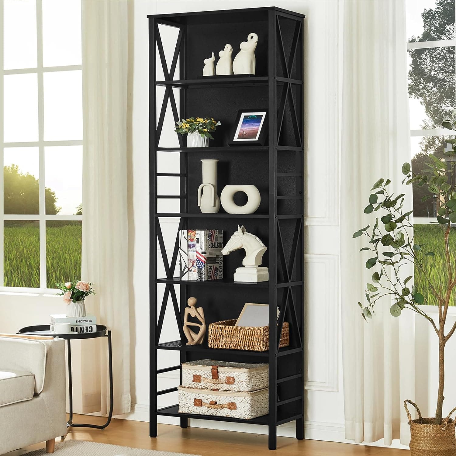 HOMISSUE Estante de livros de 7 andares, estantes e estantes de metal de madeira rústica, estante aberta independente, estante alta industrial para escritório em casa, sala de estar e quarto, preta