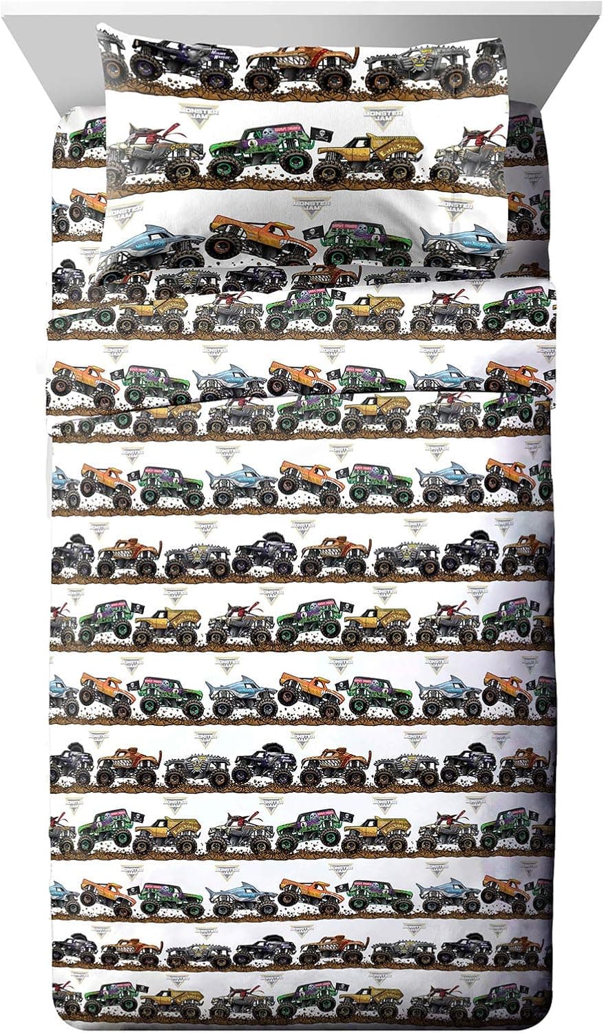 Conjunto de lençóis de solteiro Monster Jam Tracks – Conjunto de 3 peças super macio e aconchegante para crianças, apresenta coveiro e megalodon – Lençóis de microfibra resistentes ao desbotamento (produto oficial Monster Jam)