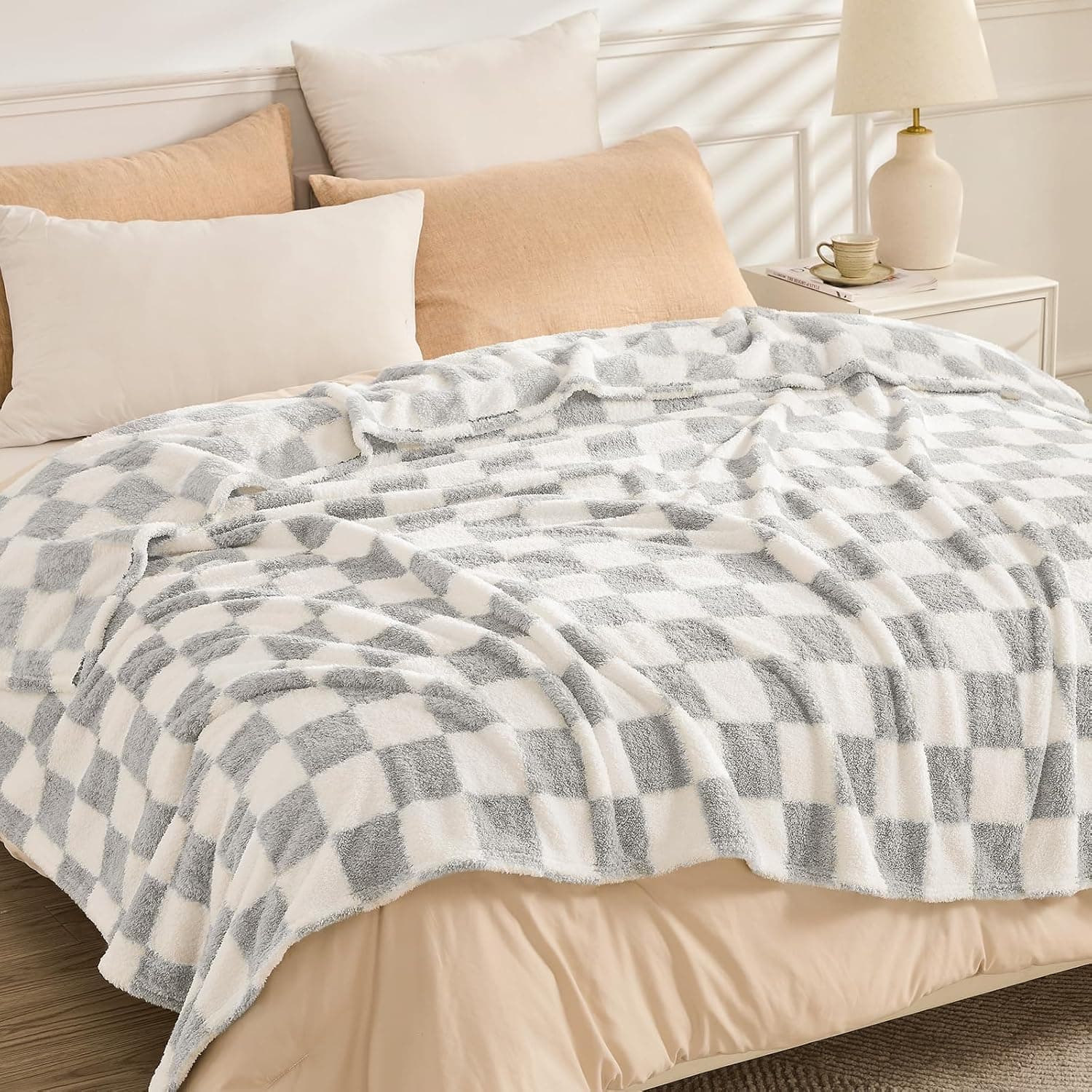 EMME Cobertor xadrez tamanho solteiro - 152 cm x 203 cm cinza macio macio cobertor quente para sofá, cadeira, cama, acampamento, piquenique, viagem leve