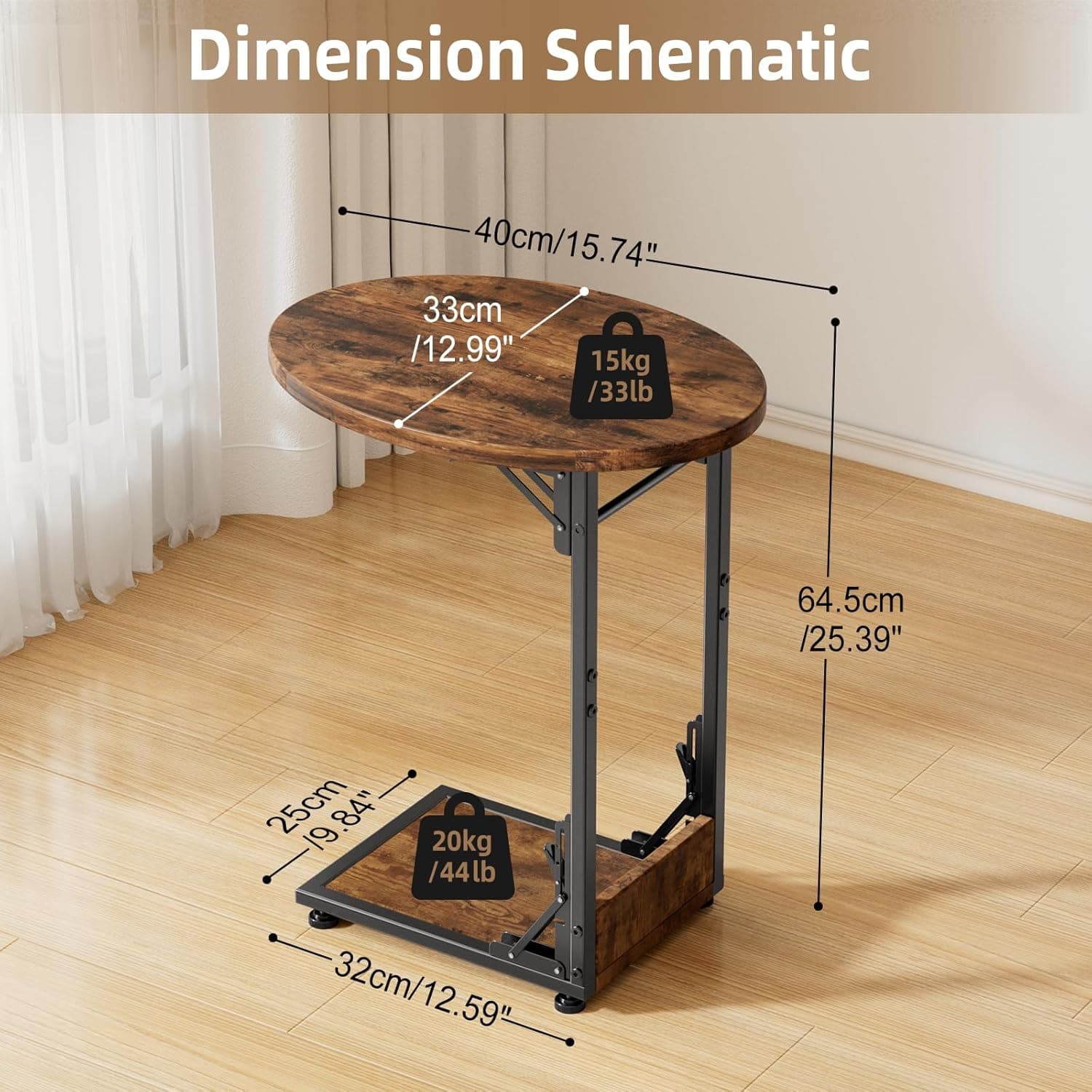 Elbourn Mesa lateral dobrável, suporte de TV em forma de C com moldura de metal para sofá, quarto, cabeceira, café, espaços pequenos (cor de madeira vintage) - Imagem 4