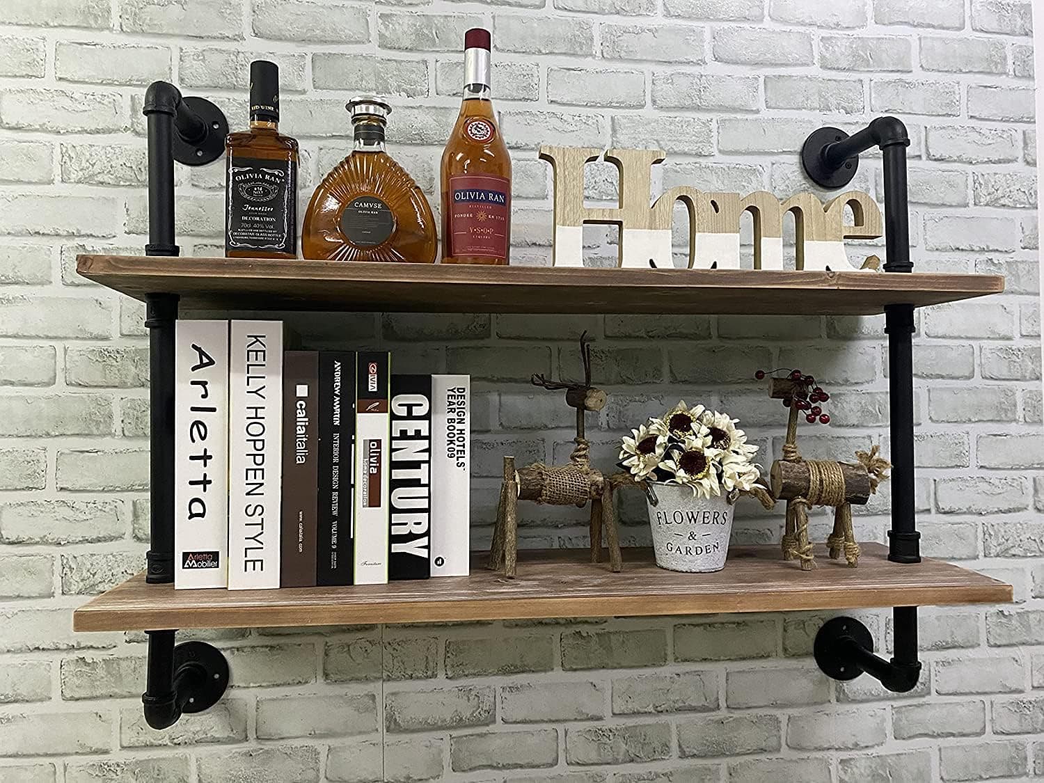 Prateleiras de tubos industriais de 91 cm, prateleira flutuante de 2 níveis, estante de livros suspensa rústica, prateleira de bar de cozinha de fazenda - Imagem 4