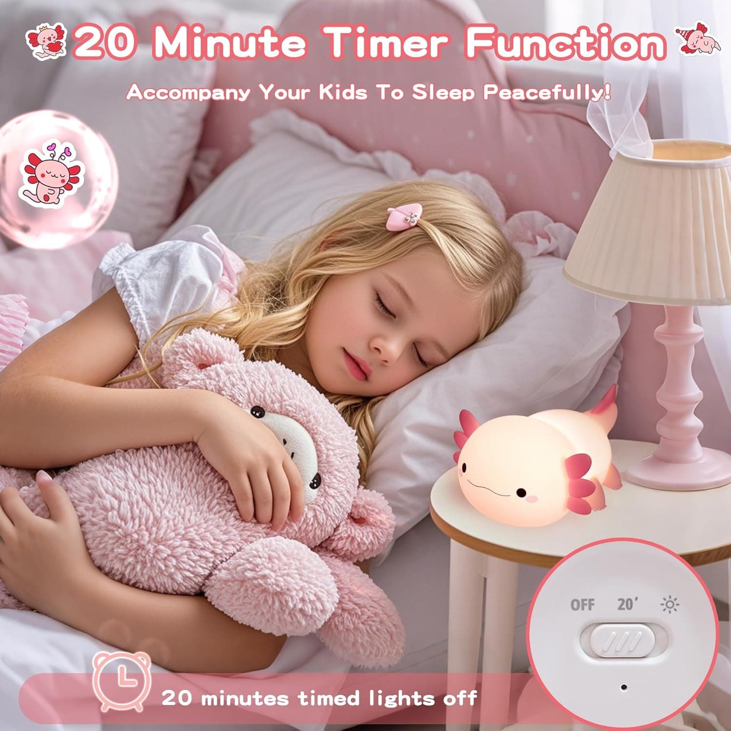 Lâmpada Axolotl, linda luz noturna para crianças, temporizador regulável, luz noturna de berçário de animais, adorável lâmpada de toque de cabeceira recarregável e macia, decoração de quarto - Imagem 4