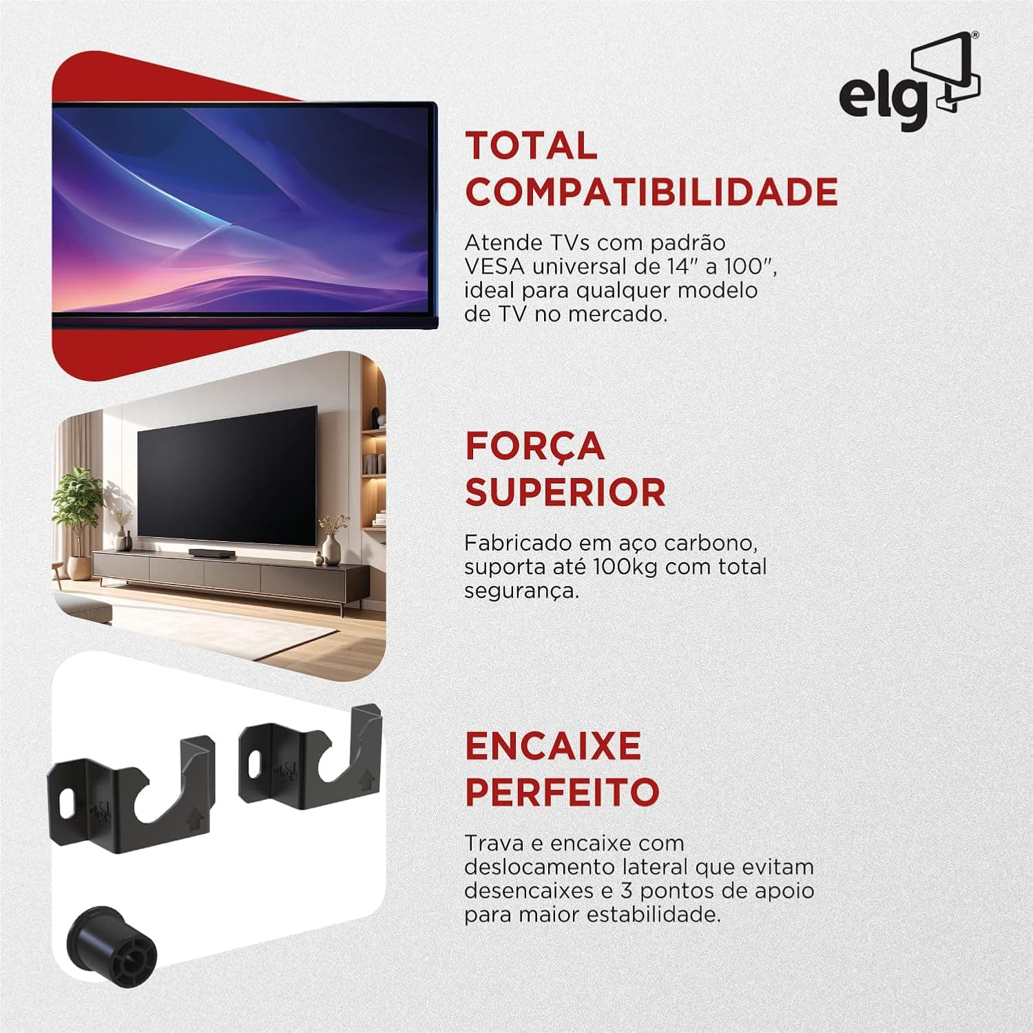 Suporte Fixo Universal de Parede, Capacidade até 100 kg, Padrão VESA mínimo 75x75mm (Horizontal x Vertical), TVs 14" a 100", Preto, UNI88, ELG - Imagem 4