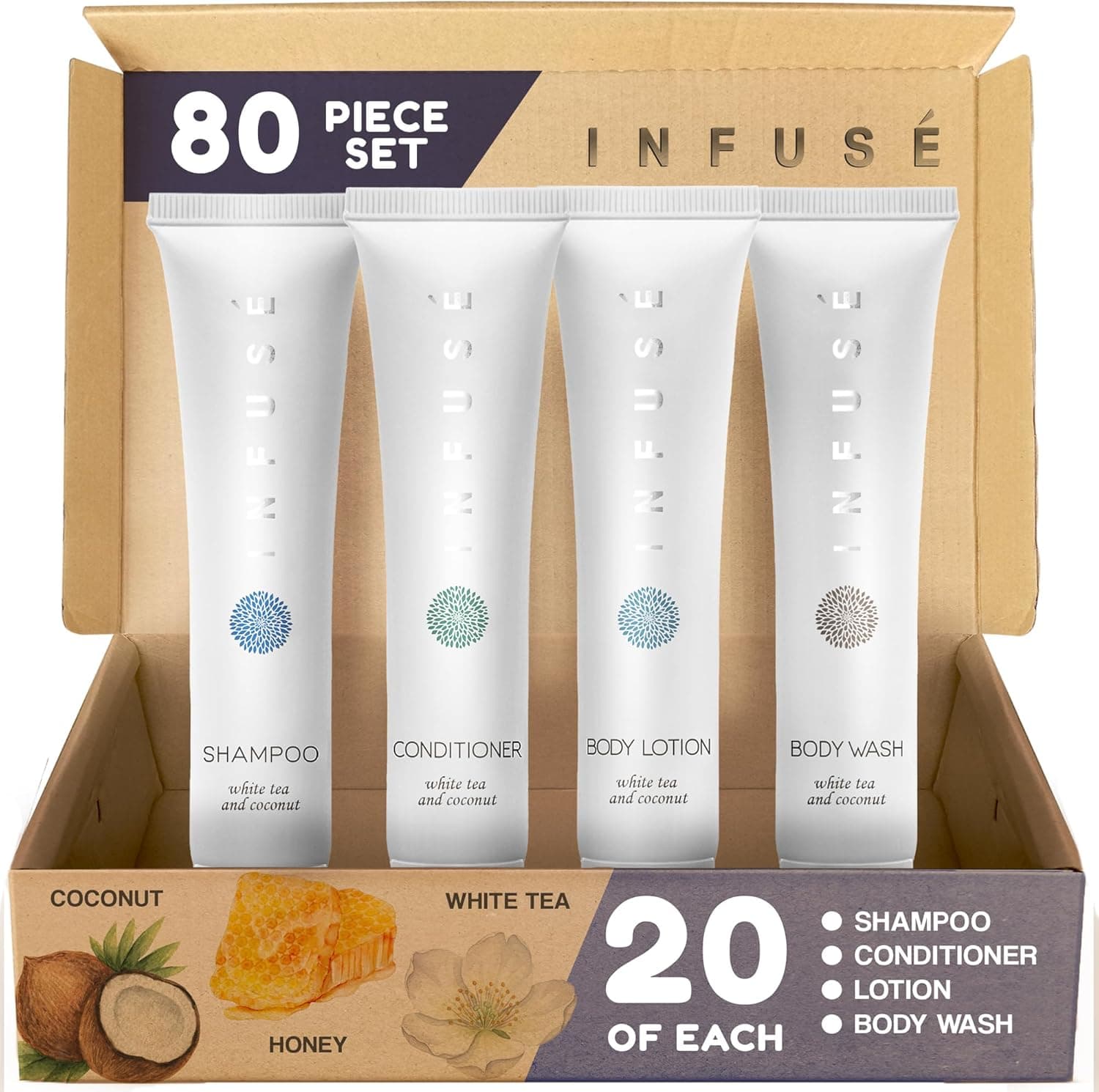 Conjunto de artigos de higiene pessoal Infuse White Tea & Coconut Hotel | 1 kit de amenidades | xampu e condicionador de 30 ml, sabonete líquido, loção | Tamanho de viagem | 80 peças