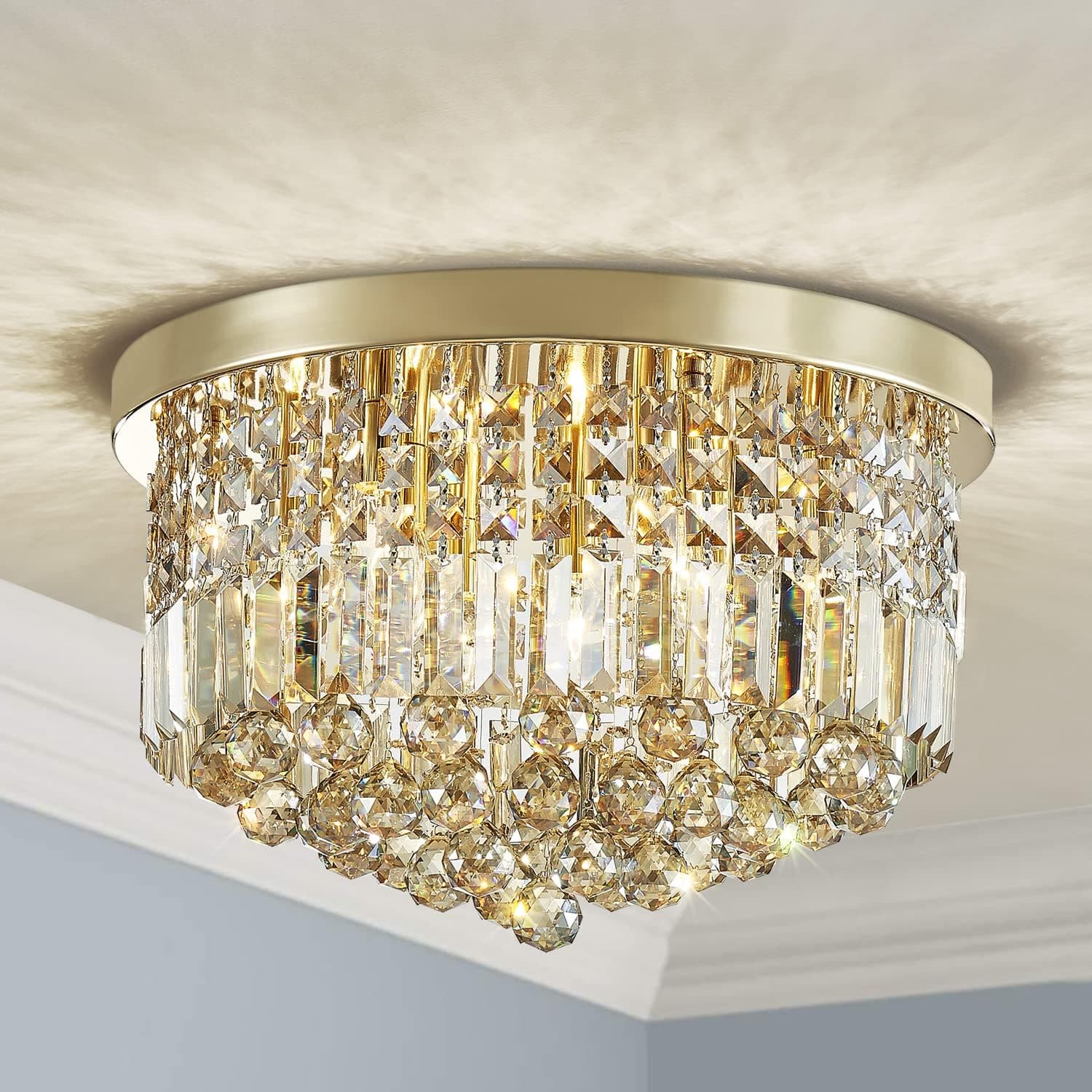 SM Saint Mossi Lustre de cristal K9 moderno 22002, montagem embutida, perfeito para sala de jantar quarto; base de lâmpada 9 x E12; altura 28 x diâmetro 50 cm; cristal champanhe e acabamento dourado