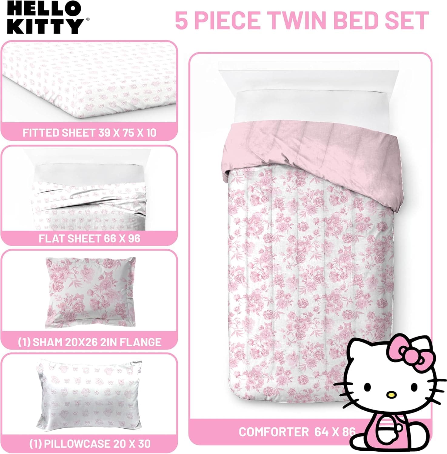 Jay Franco O conjunto de edredom inclui lençóis e fronhas - jogo de cama macio e aconchegante para decoração de quarto elegante, produto licenciado oficial, multi - Hello Kitty, 5 peças solteiro - Imagem 4