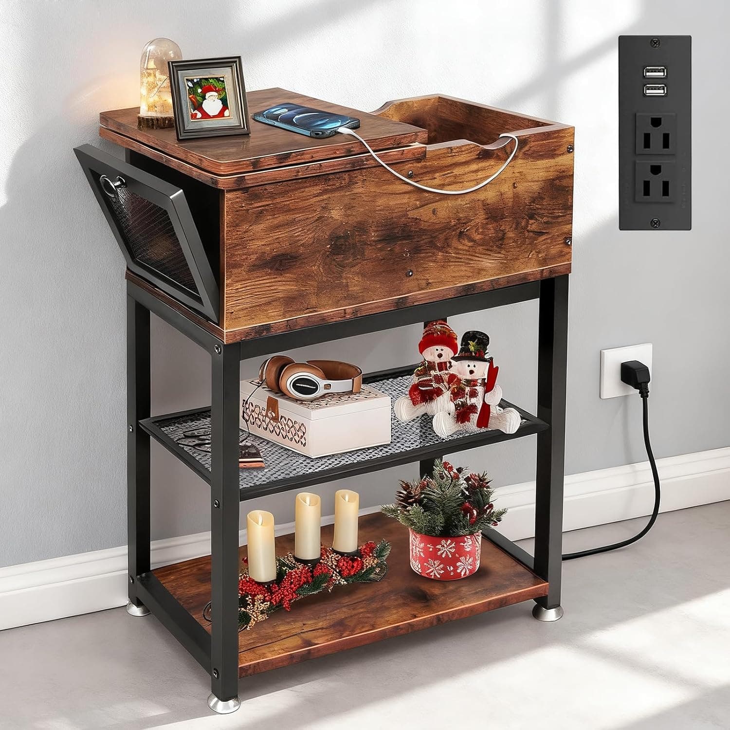 Mesa de canto dobrável para sala de estar, mesa lateral de 71 cm, 30 cm P x 61 cm L x 71 cm A, mesa lateral estreita com gaveta, gaveta profunda de 21 cm, mesa de canto com estação de carregamento