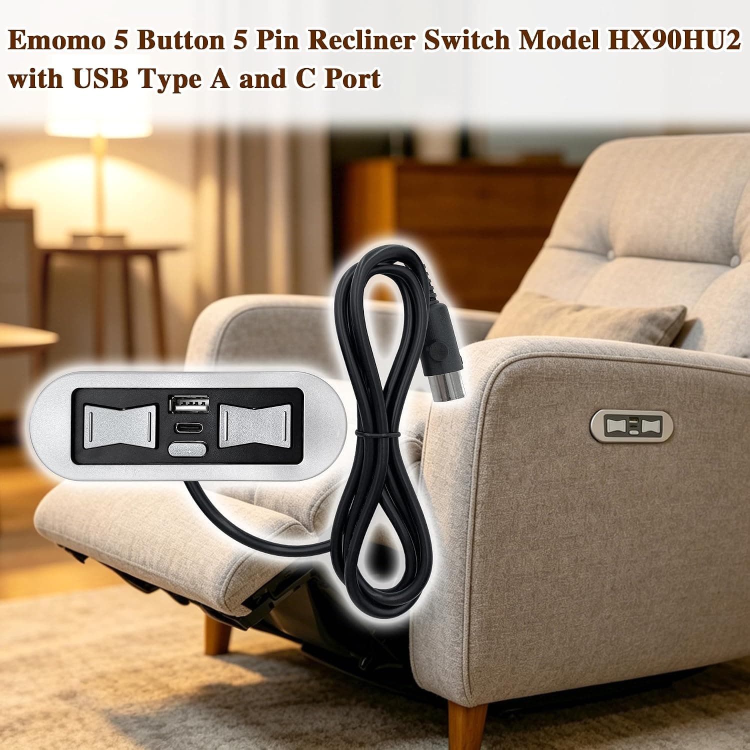 Uetmulik Poltrona reclinável elétrica Emomo 5 botões 5 pinos controle manual modelo HX90HU2 substituição com porta USB tipo A e C - Imagem 4