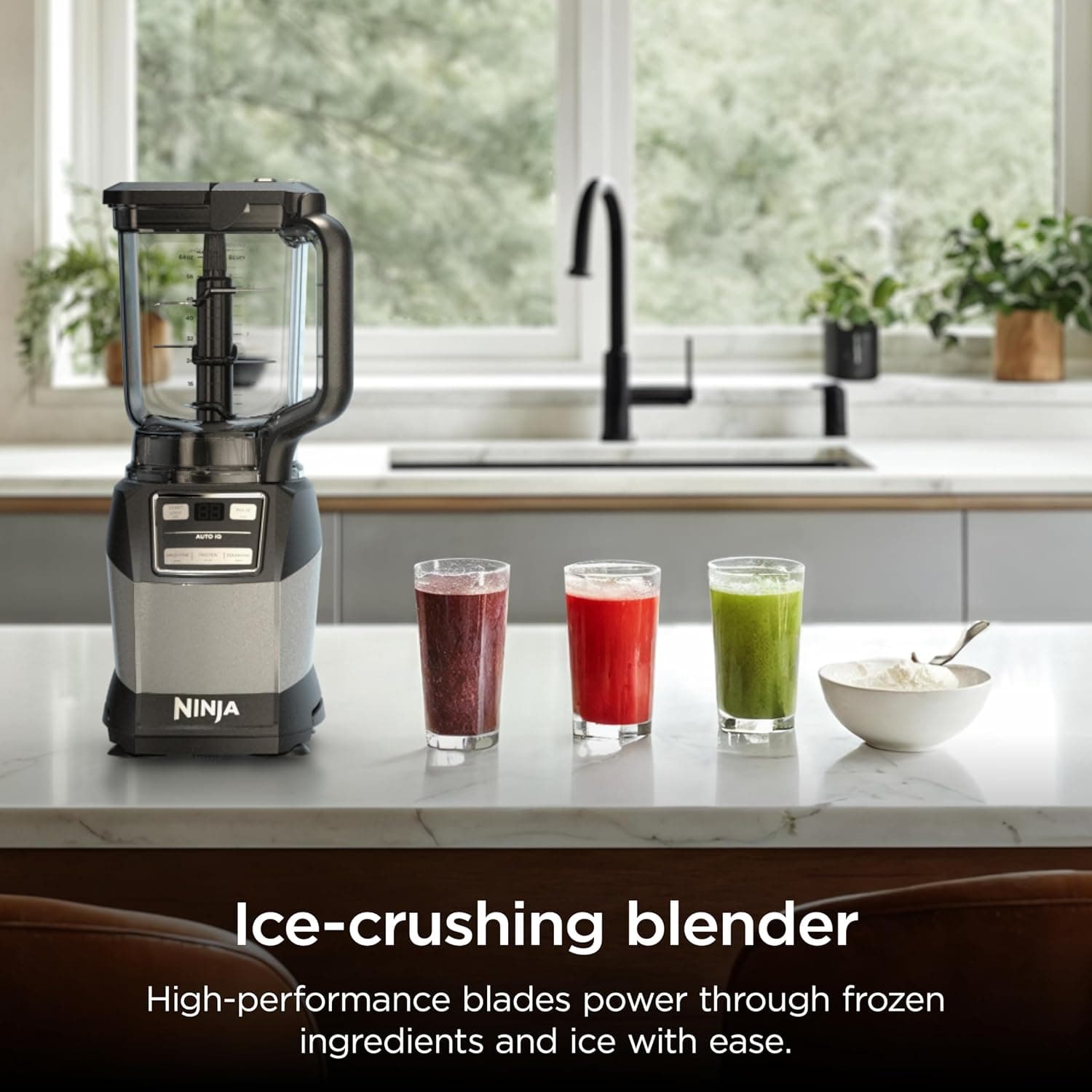 Liquidificador Ninja, sistema compacto de cozinha, 1200 W, 3 funções, smoothies, massas e bebidas congeladas, Auto-IQ, 2 L; jarra de 1 L Tigela de 530 ml Copo dose única, cinza, AMZ493BRN - Imagem 4