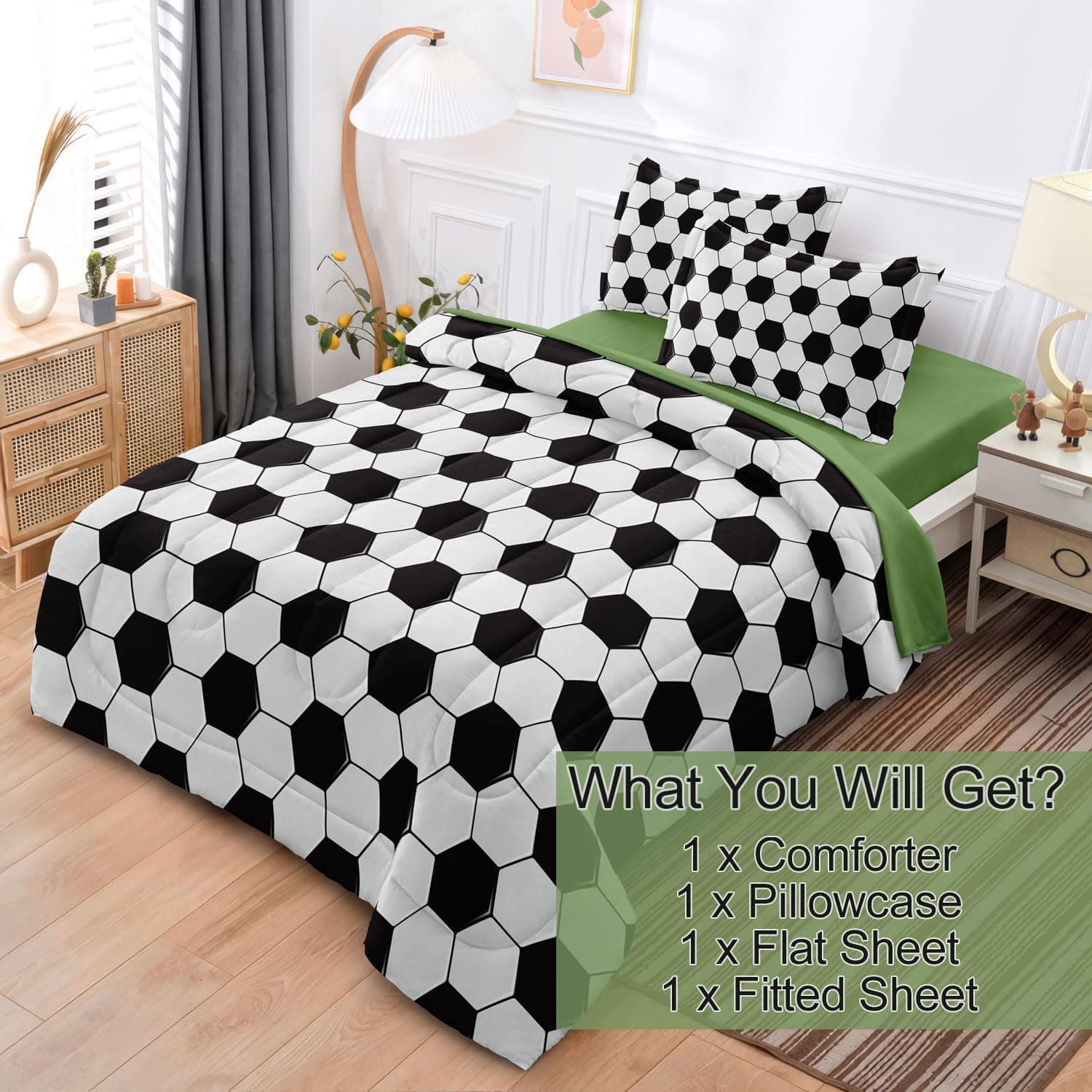 Jogo de edredom de futebol solteiro para meninos e meninas, 4 peças, roupa de cama de solteiro, conjunto de cama com lençóis, preto e branco para adolescentes - Imagem 3