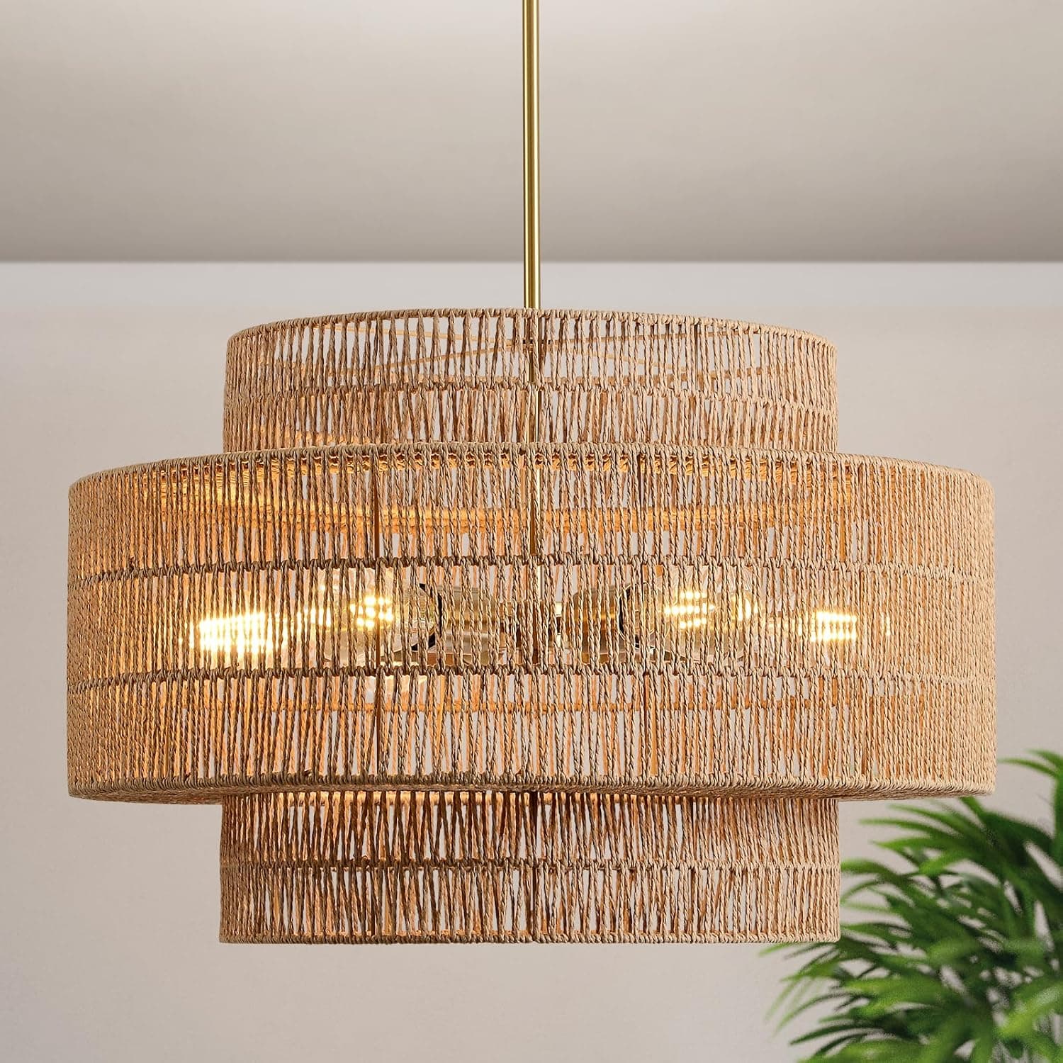Lustre de vime grande Boho de 61 cm, luminária pendente tecida à mão grande de 6 luzes, lustres rústicos para cozinha, quarto, sala de jantar, sala de estar, corredor, hall de entrada