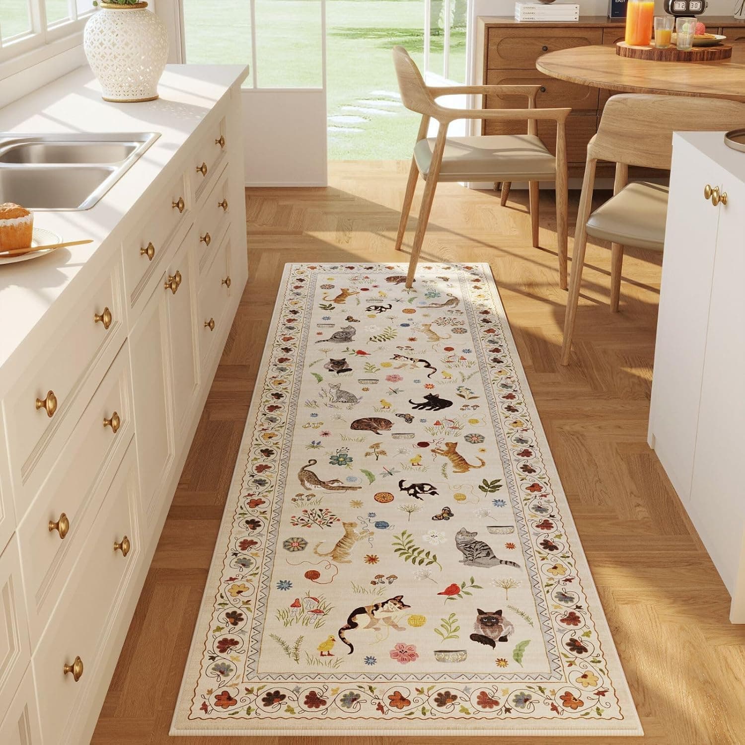 Rugcomf Tapete de corredor para cozinha, antiderrapante, 6 x 15 cm, lavável, com suporte de borracha, macio, floral, animal, gato, para cozinha, lavanderia, quarto, banheiro, bege
