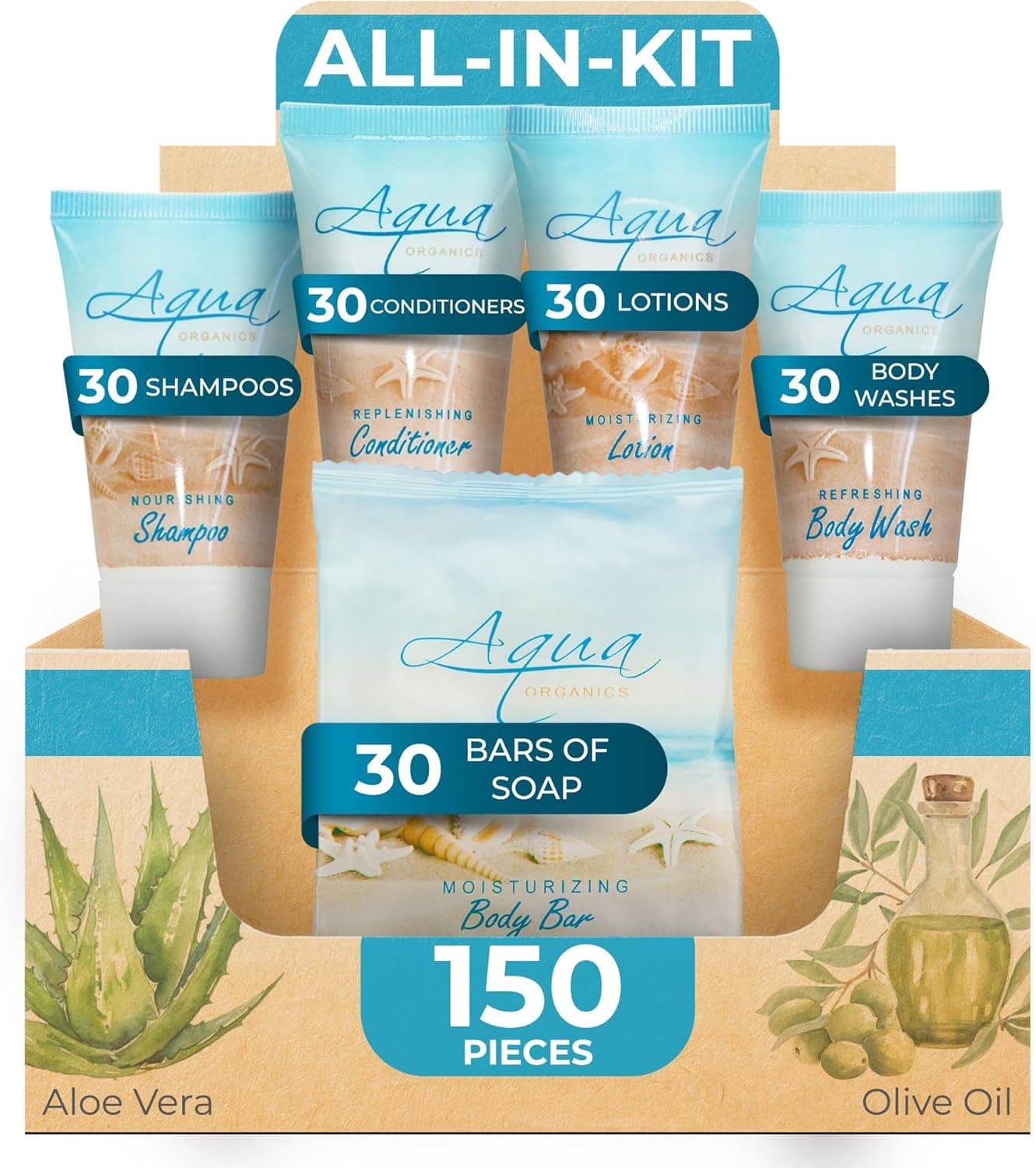 Aqua Organics Hotel Soaps and Toiletries Bulk Set | 1-Shoppe All-In-Kit Amenities for Hotels & Airbnb | 1oz Hotel Shampoo & Conditioner, Body Wash, Body Lotion & 1oz Bar Soap Travel Size | 150 Pieces