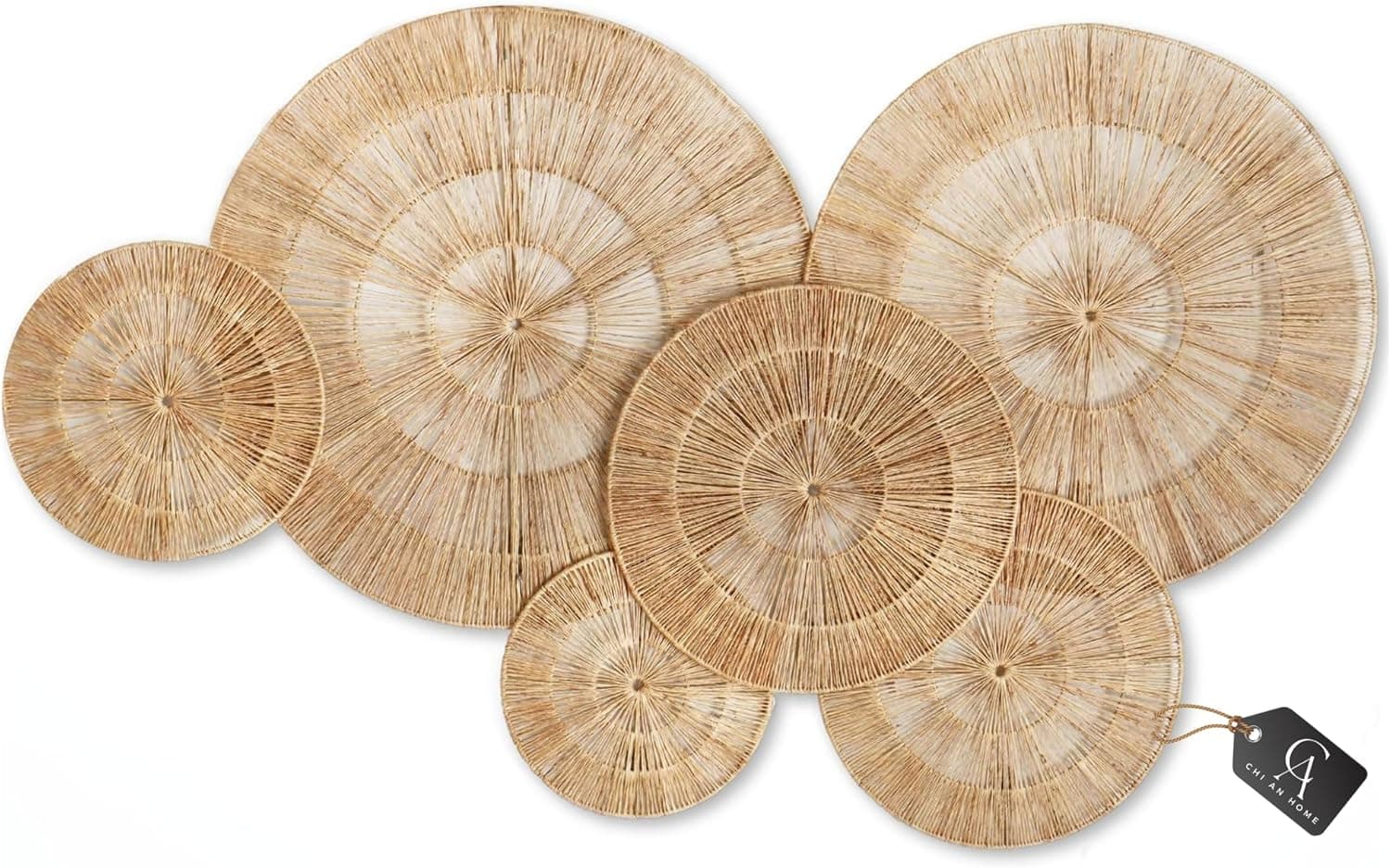 Decoração de parede de juta de vime de 53 polegadas, conjunto extra grande de 6 placas de parede de juta tecida, 58,4 cm, 53,3 cm, 38,1 cm, 33 cm, 30,7 cm, cestas decorativas para artes de