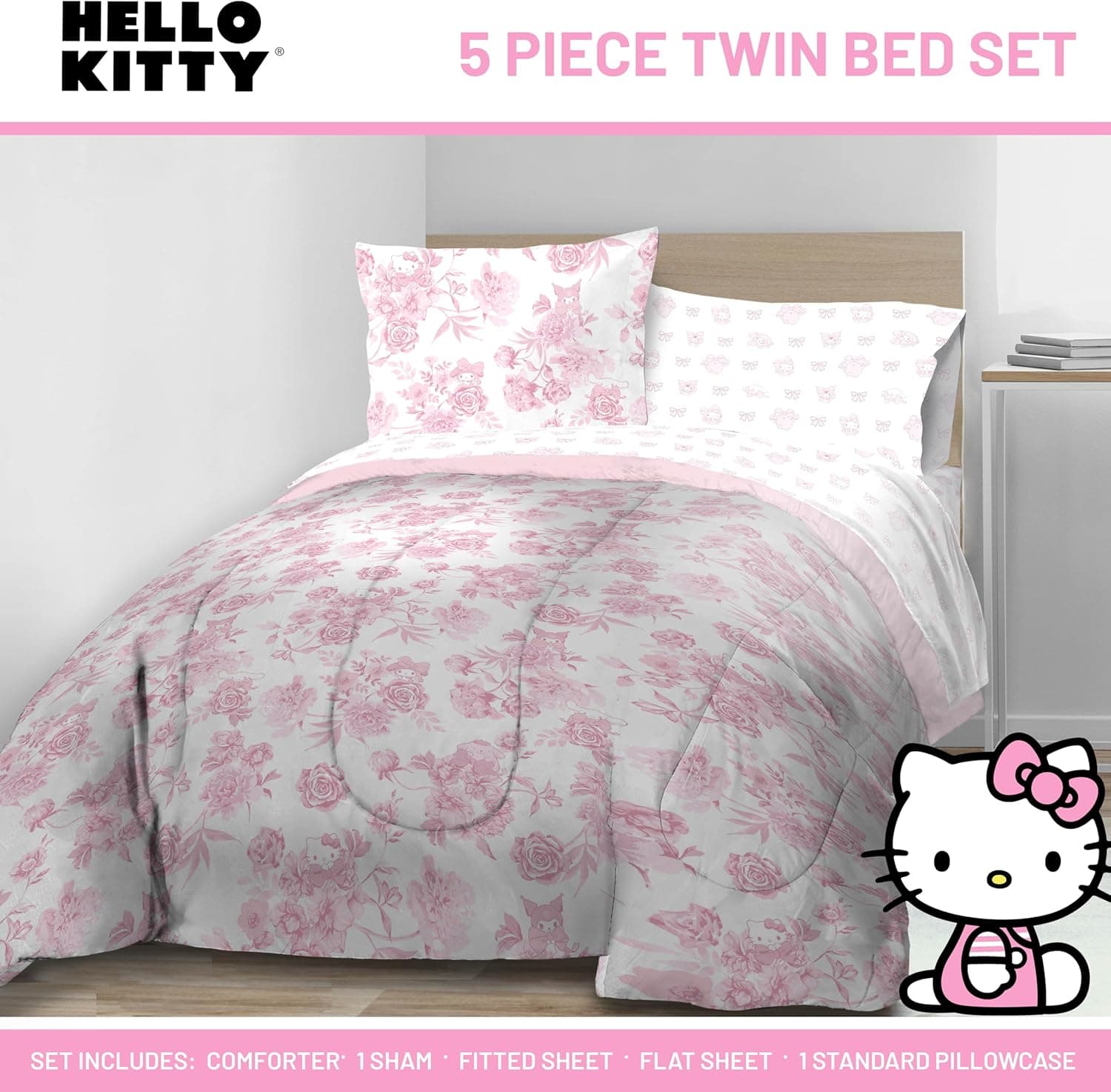 Jay Franco O conjunto de edredom inclui lençóis e fronhas - jogo de cama macio e aconchegante para decoração de quarto elegante, produto licenciado oficial, multi - Hello Kitty, 5 peças solteiro - Imagem 3