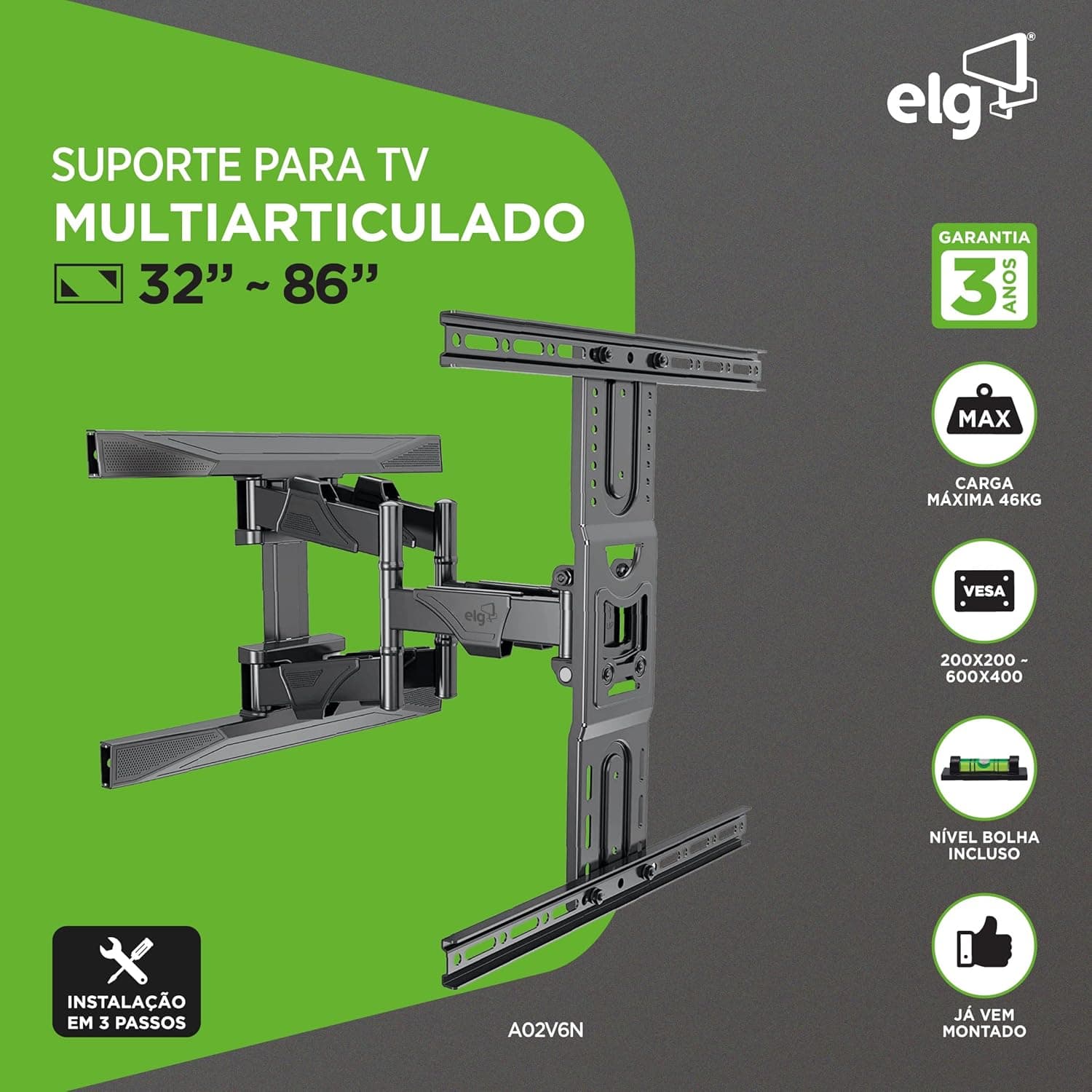 ELG, A02V6N, Suporte de TV Articulado de Parede Para TVs Planas e Curvas de 75" a 86", Inclinação Horizontal e Vertical, Peso Máximo de 46 Kg, Preto - Imagem 3