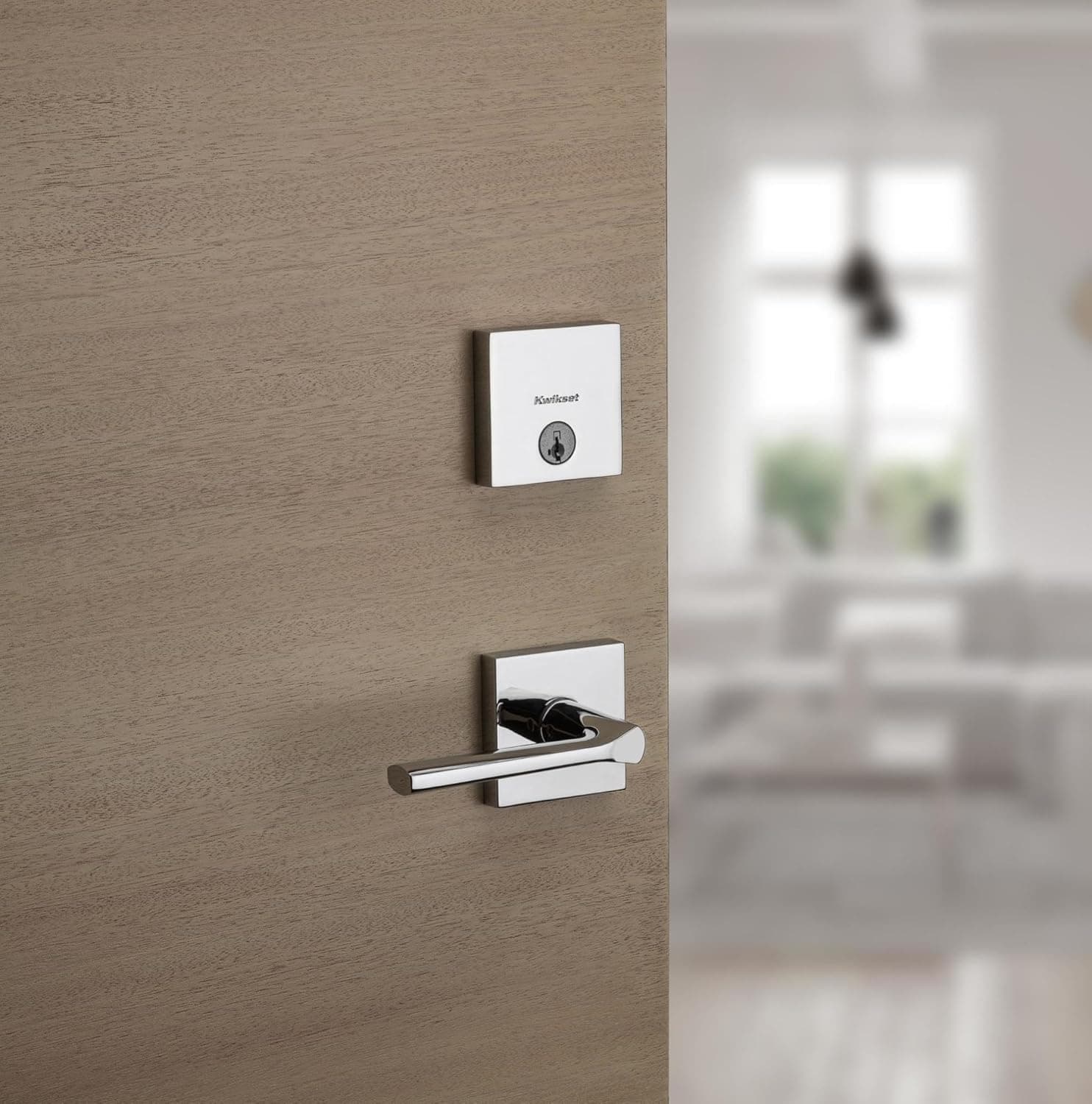 Kwikset Fechadura de porta de cilindro único contemporâneo, quadrada, discreta, fina, moderna, contemporânea, de perfil baixo, com segurança SmartKey em níquel acetinado - Imagem 3