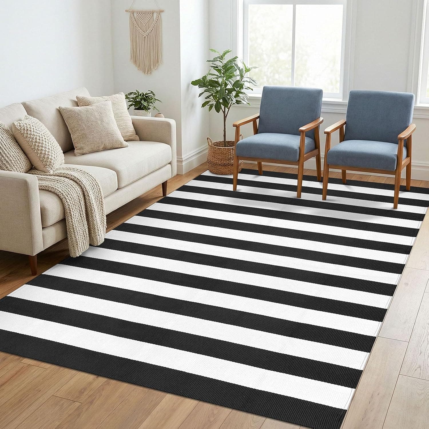 KILOCOCO Tapete listrado preto e branco 12 x 18 cm para sala de estar, algodão, lavável à máquina, tapetes em camadas para pátio, casa de fazenda, quarto, cozinha, lavanderia