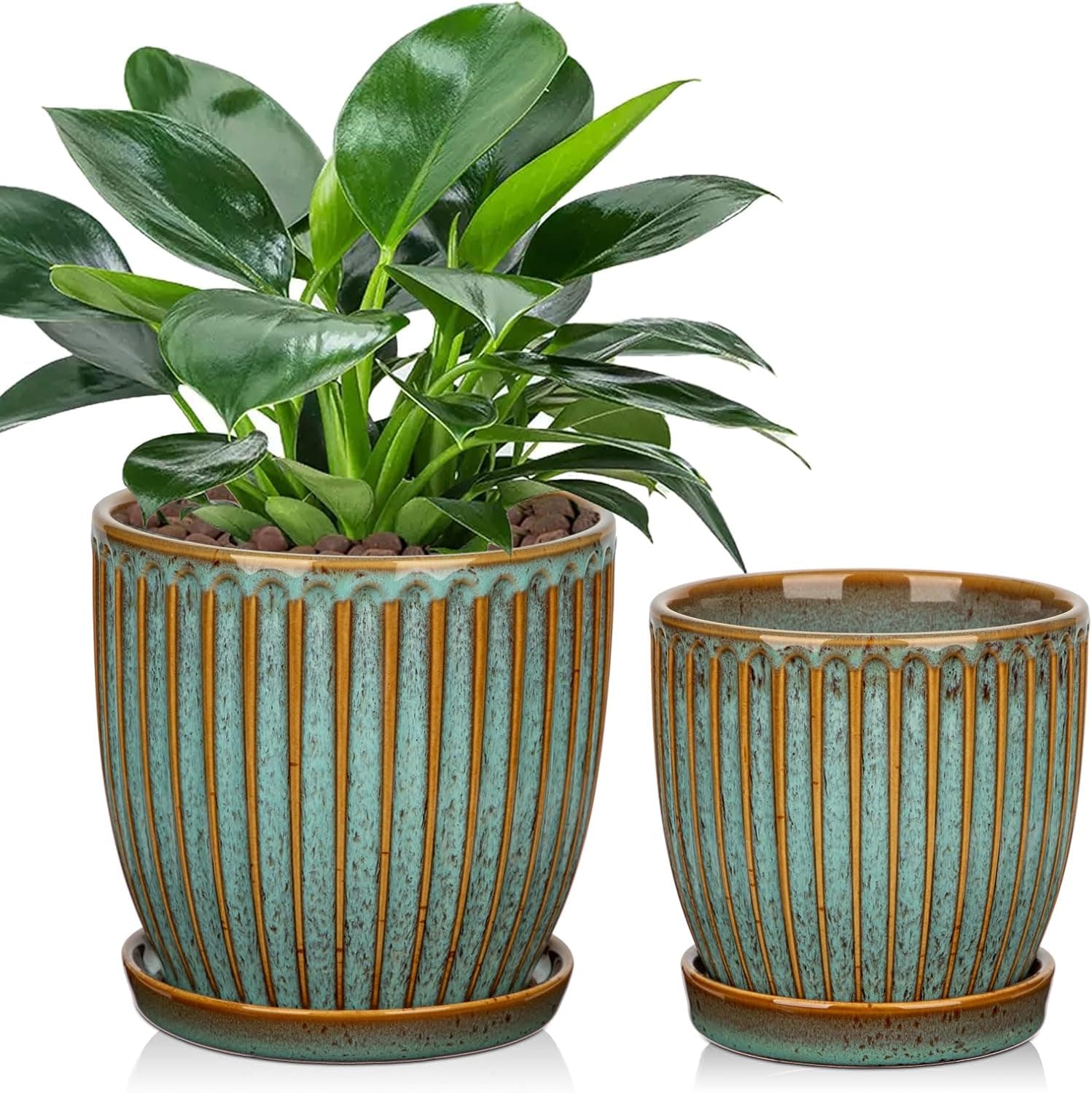 Oairse Vasos de cerâmica para plantas de interior, 12 + 14 cm, conjunto de 2 cinza azulado com orifícios de drenagem e pires, plantadores de textura para suculentas, flores internas e externas