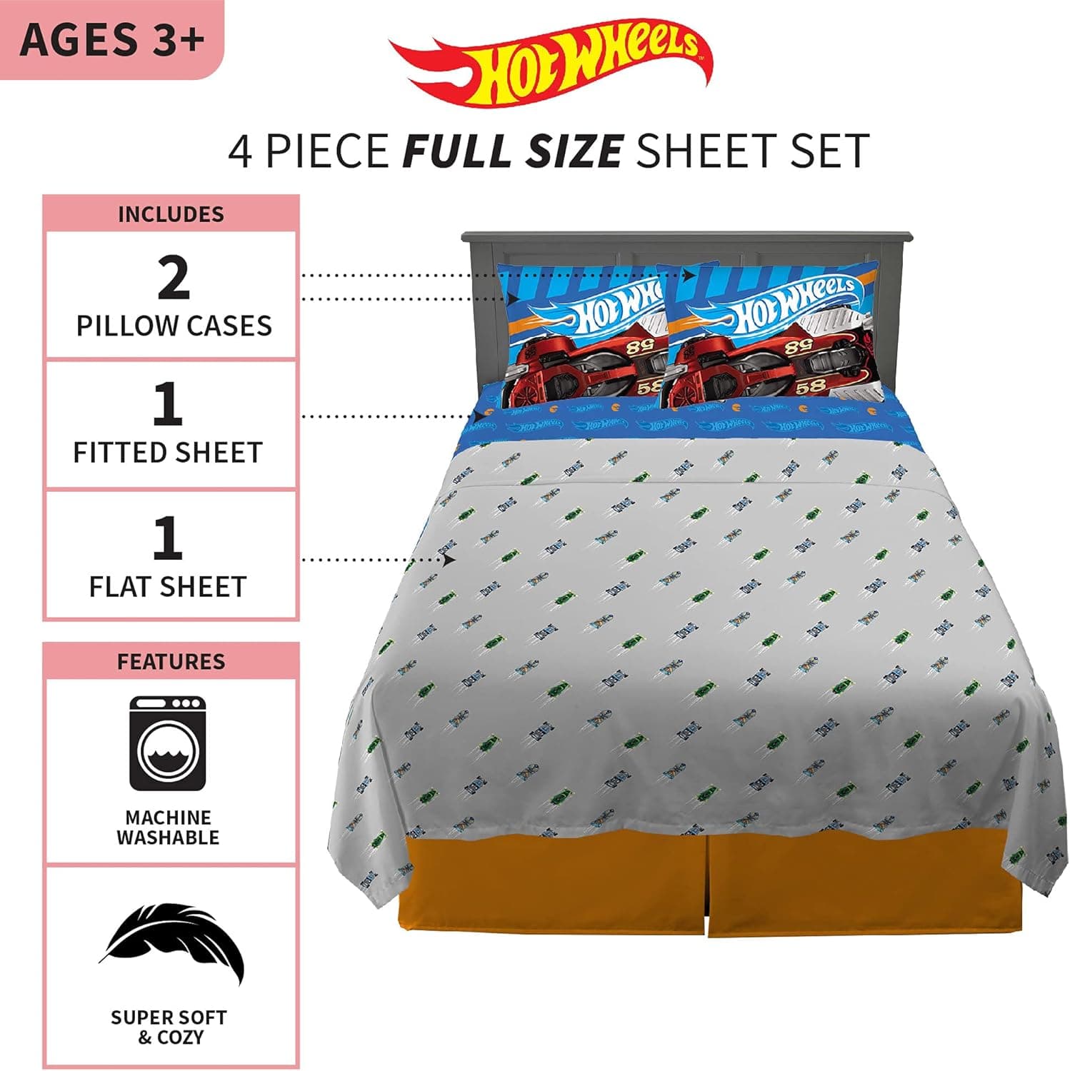 Franco Jogo de cama infantil super macio, 4 peças, tamanho casal, Hot Wheels - Imagem 4