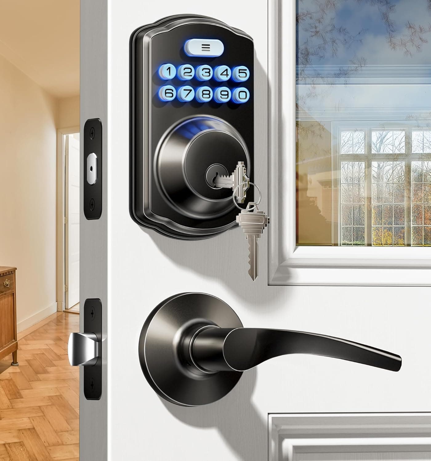 Veise Fechadura de porta de entrada sem chave com 2 maçanetas - fechadura de teclado eletrônico, conjunto de fechadura digital inteligente de fácil instalação, preto fosco