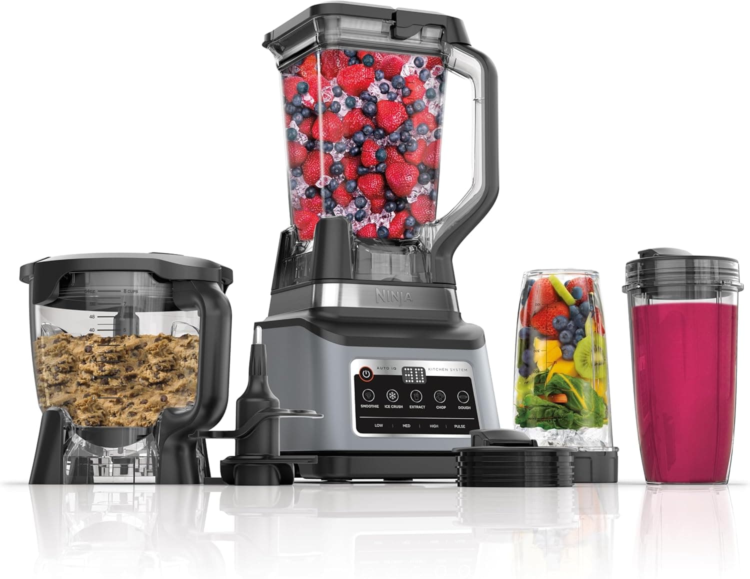 NINJA LIQUIDIFICADOR 1200 W, 5 Funções para Smoothies, Picar, Massa e Mais com Auto IQ, Jarra 2,2L, Jarra de Processador de 2L e 1 Copo para Levar, Cinza