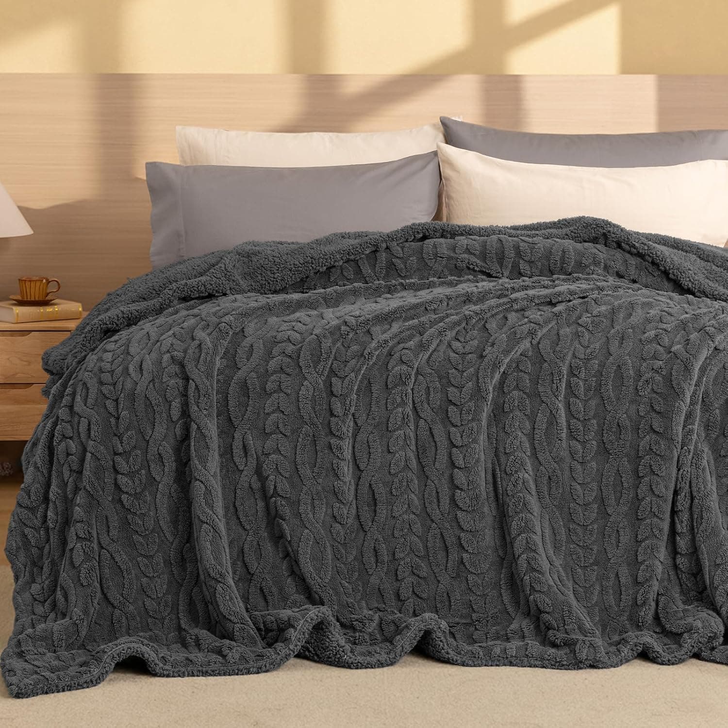 PHF Cobertor de lã sherpa tamanho solteiro, 510GSM cobertor quente jacquard sherpa 3D, cobertor grosso macio felpudo para o inverno, cobertor de pelúcia de lã felpudo reversível para sofá, cama, cinza