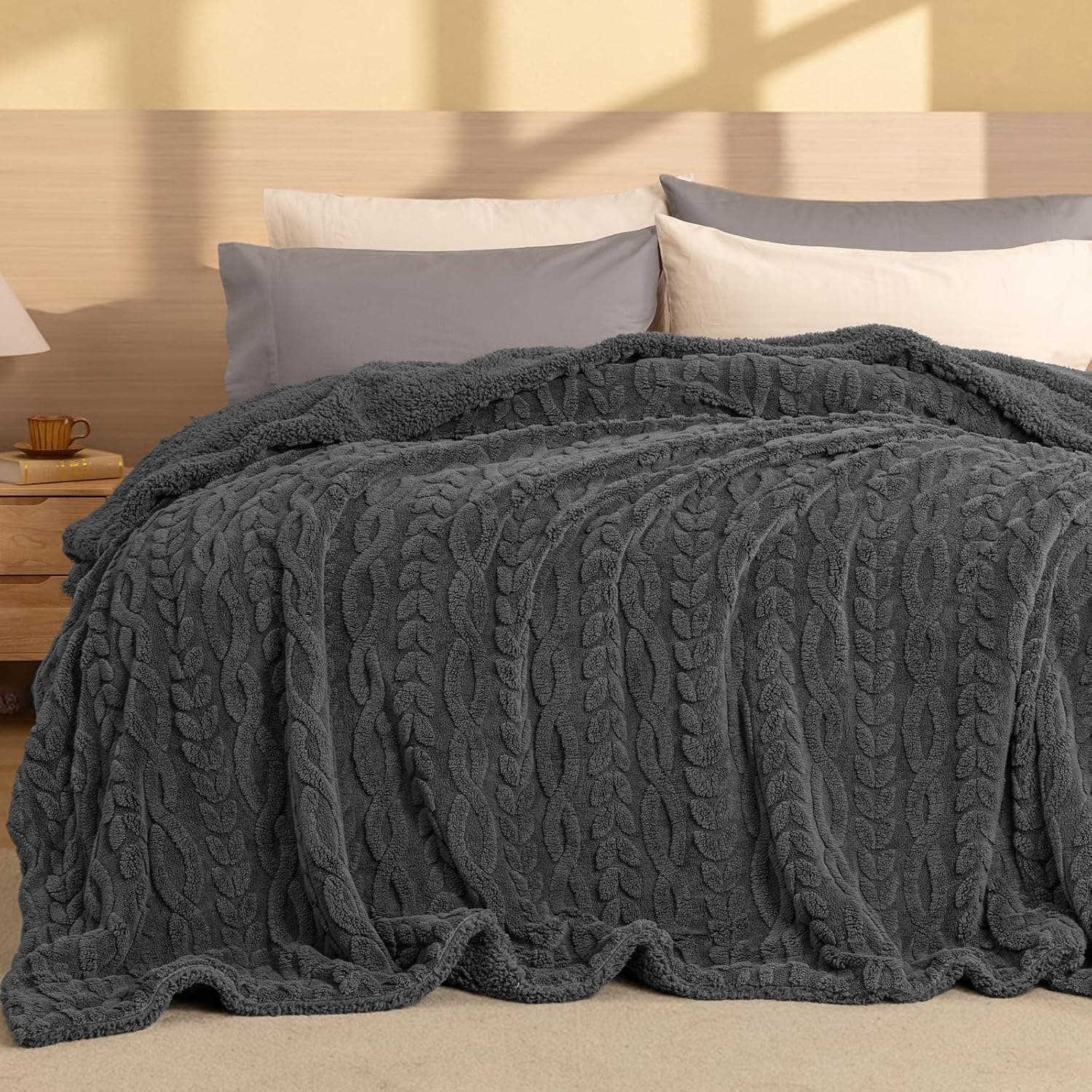 PHF Cobertor de lã sherpa tamanho solteiro, 510GSM cobertor quente jacquard sherpa 3D, cobertor grosso macio felpudo para o inverno, cobertor de pelúcia de lã felpudo reversível para sofá, cama, cinza