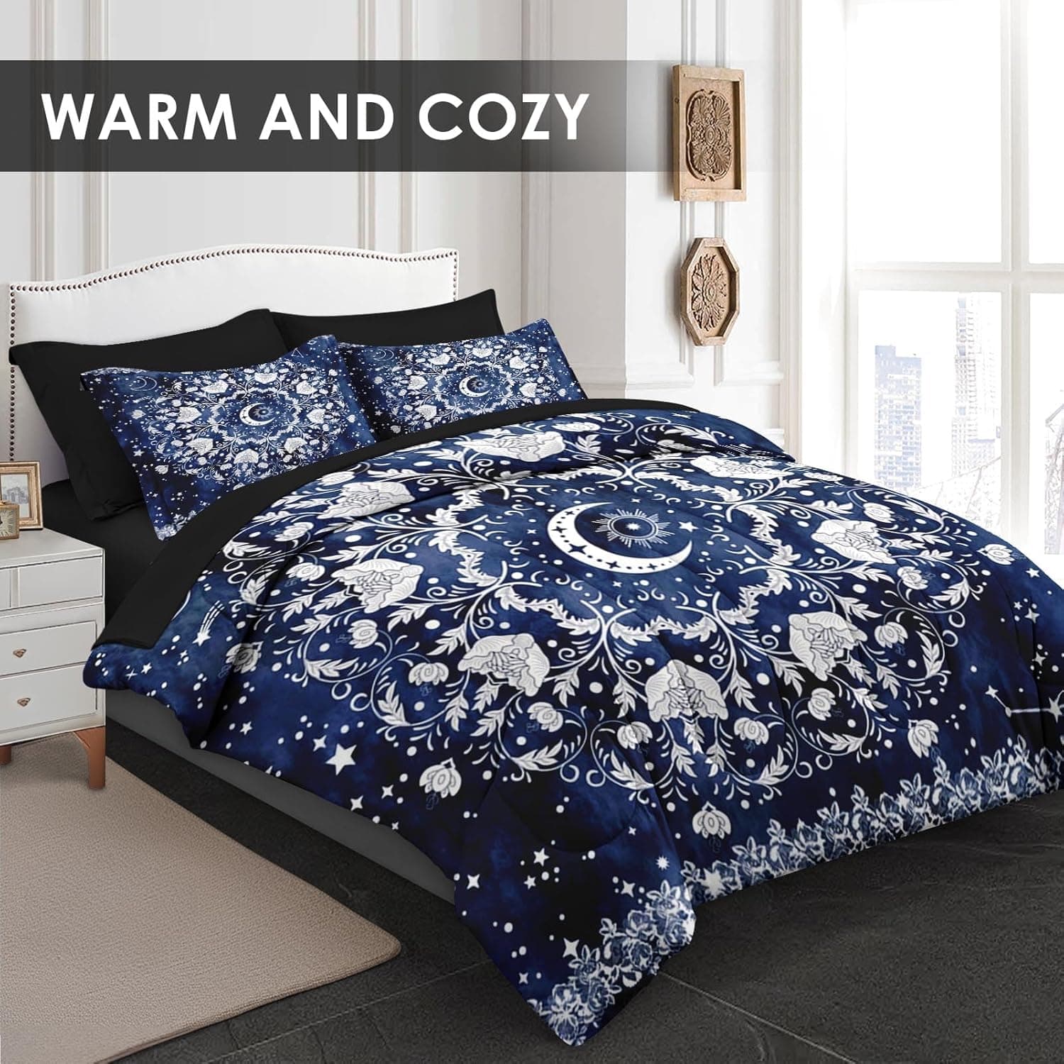 Jogo de lençol solteiro com estampa de astrologia, sol e lua e astrologia, 5 peças, para decoração de quarto de crianças e adultos, lençol com elástico - Imagem 3