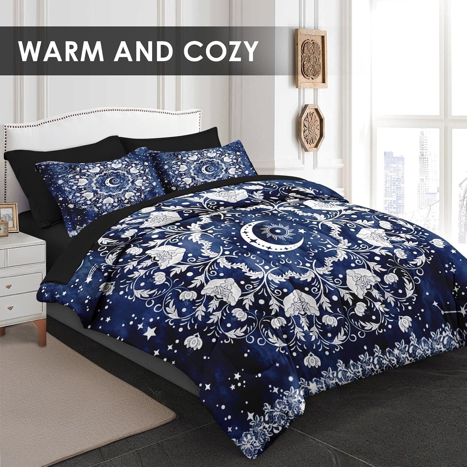 Jogo de lençol solteiro com estampa de astrologia, sol e lua e astrologia, 5 peças, para decoração de quarto de crianças e adultos, lençol com elástico - Imagem 3