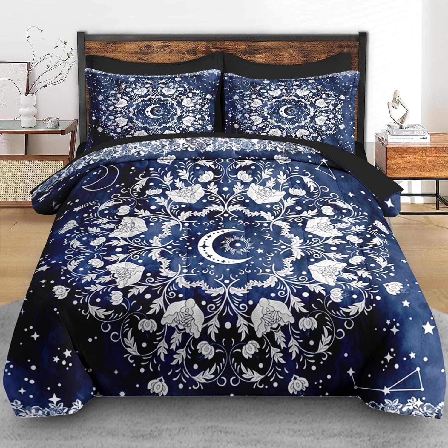 Jogo de lençol solteiro com estampa de astrologia, sol e lua e astrologia, 5 peças, para decoração de quarto de crianças e adultos, lençol com elástico - Imagem 4