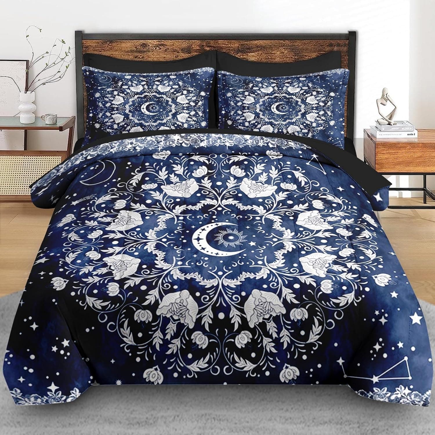 Jogo de lençol solteiro com estampa de astrologia, sol e lua e astrologia, 5 peças, para decoração de quarto de crianças e adultos, lençol com elástico - Imagem 4