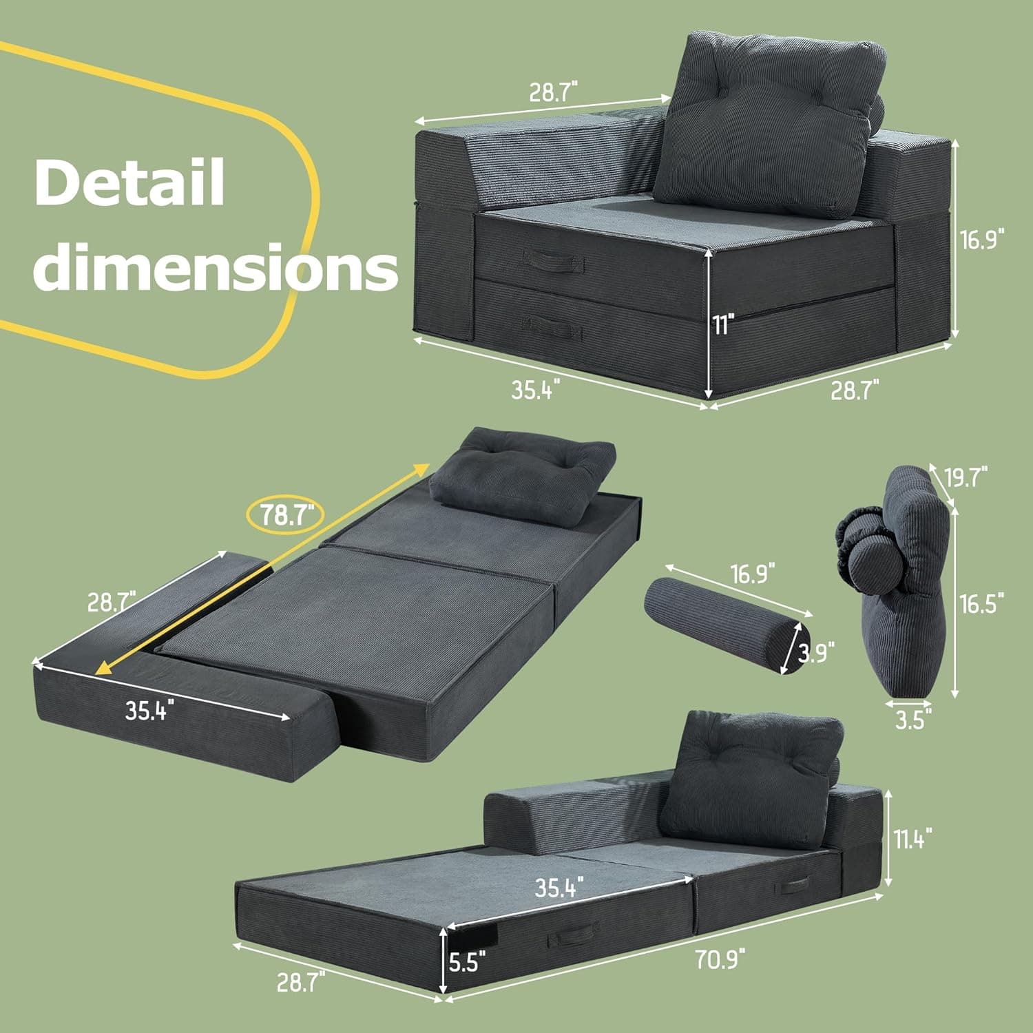 Sofá-cama dobrável, cadeira conversível 4 em 1 com travesseiro, cama de cadeira dobrável de espuma viscoelástica padrão, colchão de sofá futon moderno para sala de estar/convidado/apartamento - Imagem 3