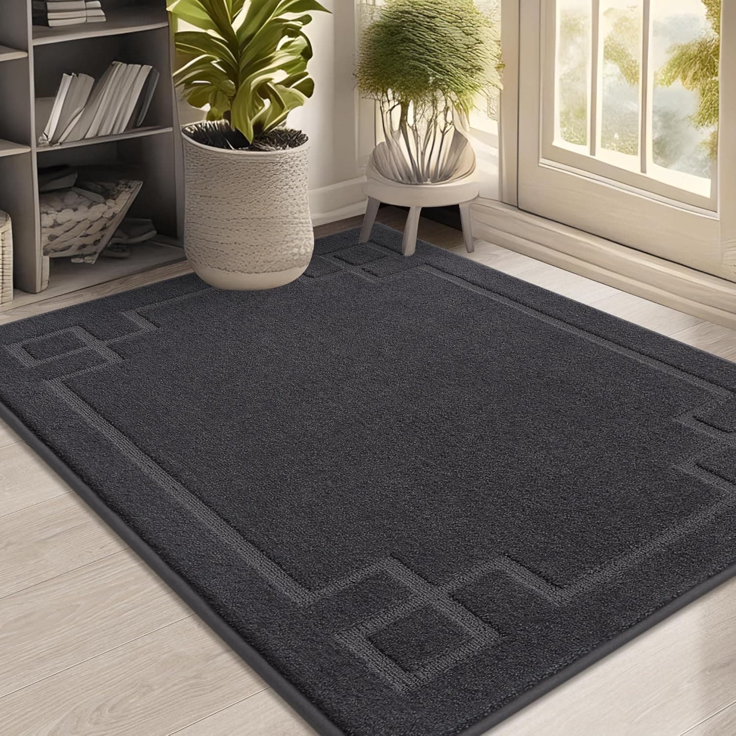 BEQHAUSE Tapete de entrada absorvente de baixo perfil antiderrapante lavável para patas enlameadas, entrada, corredor, cozinha, 81 x 122 cm, cinza escuro