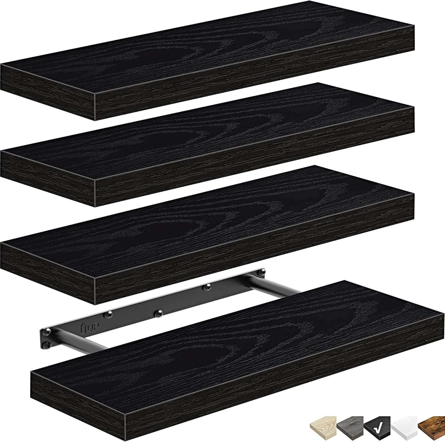 Prateleiras flutuantes de parede QEEIG (015-B4) estante de livros pequena, para banheiro, quarto, cozinha, sala de estar, fazenda, conjunto com 4, preto, 40,6 cm