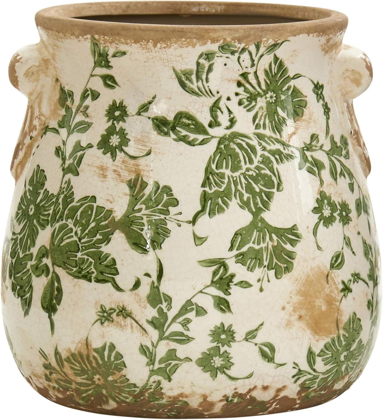 Vaso de Cerâmica Nearly Natural Toscana Verde de 16,5 cm (6,5") com Estampa Floral e Decoração Rústica