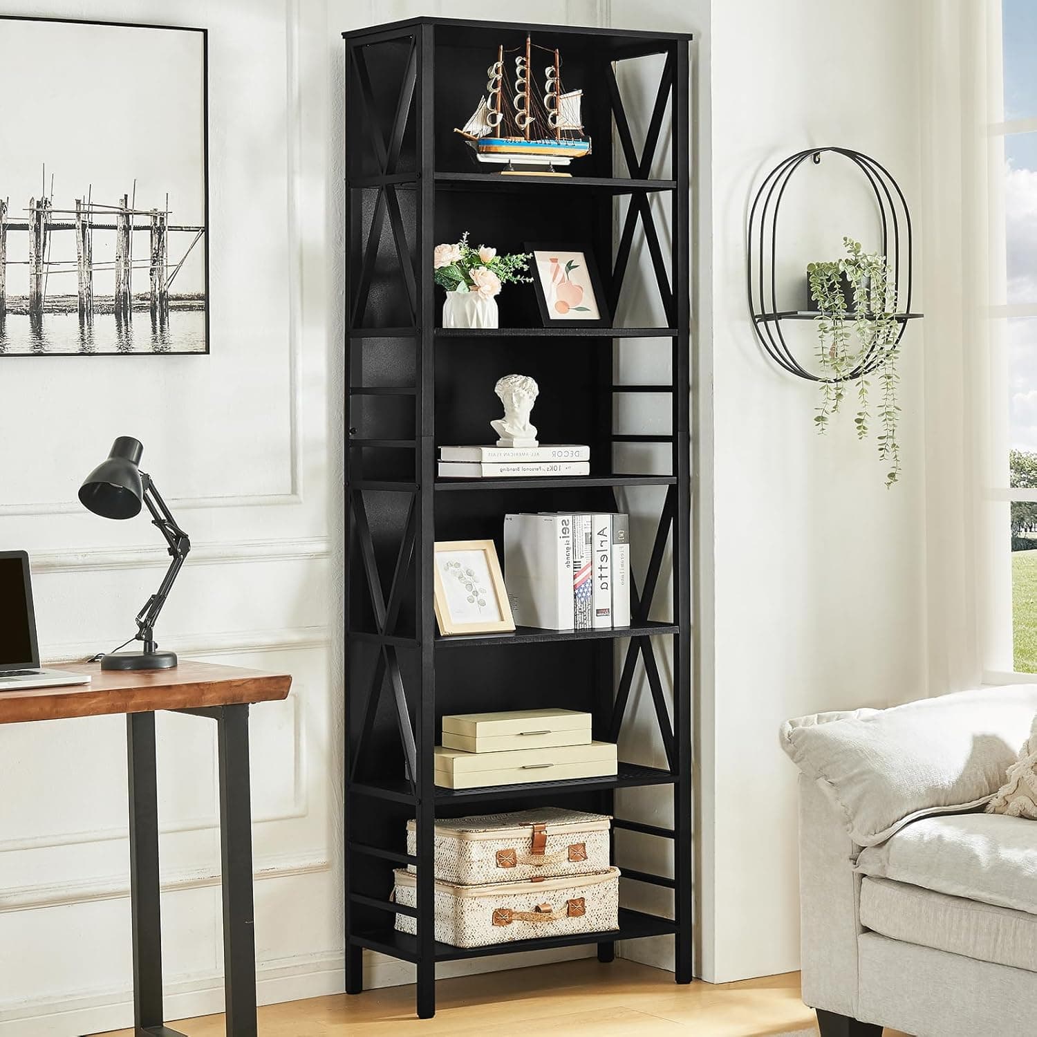 HOMISSUE Estante de livros de 7 andares, estantes e estantes de metal de madeira rústica, estante aberta independente, estante alta industrial para escritório em casa, sala de estar e quarto, preta - Imagem 4
