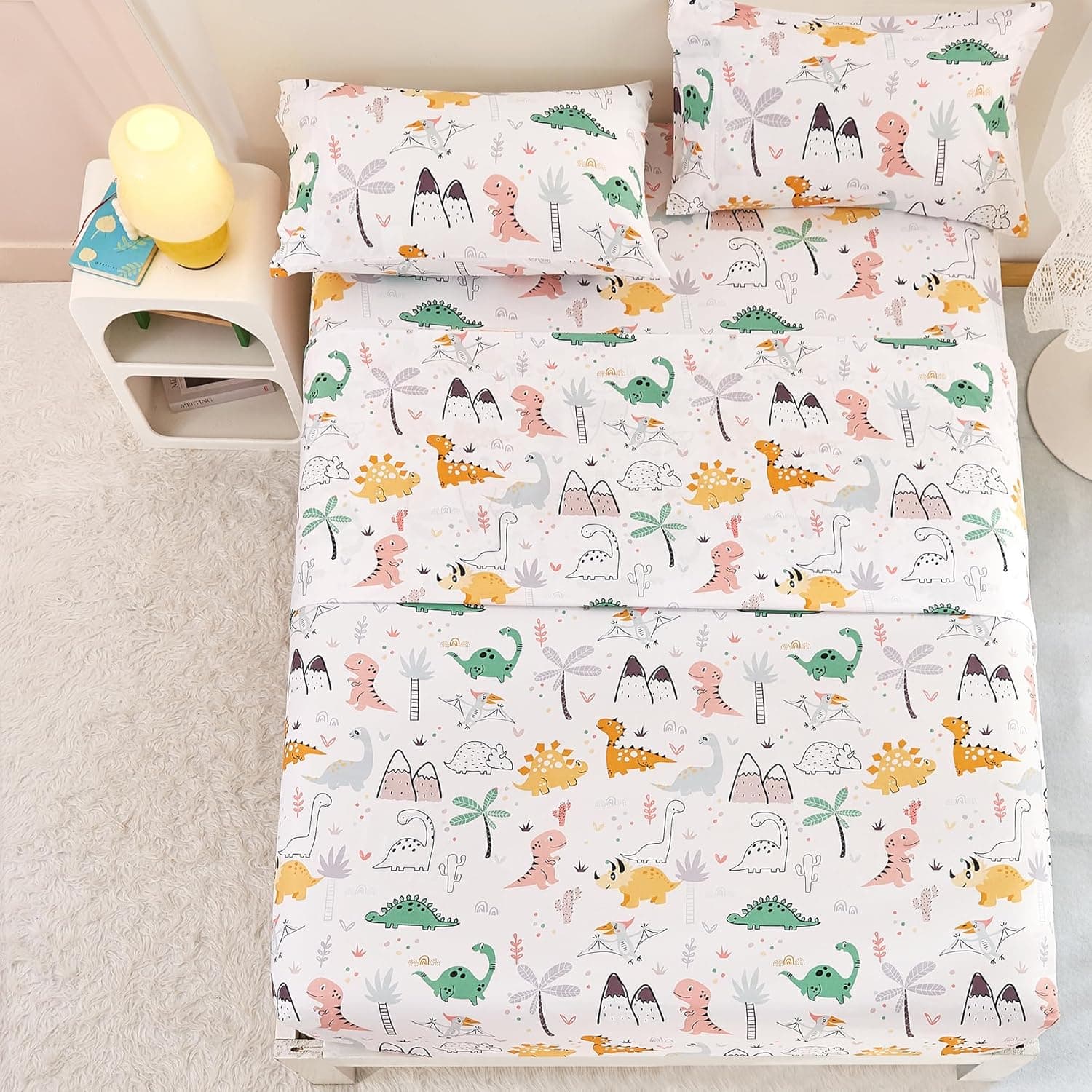 Yibeizi Jogo de lençol casal de dinossauro para meninos, lençol de cama fofo de microfibra de dinossauro e fronhas com bolso profundo 4 peças